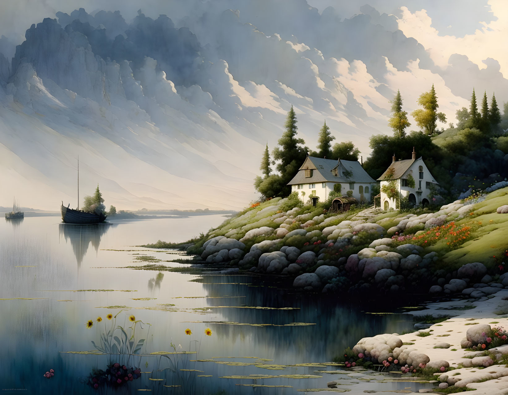 Tranquil landscape with lake, boat, houses, greenery & mountains