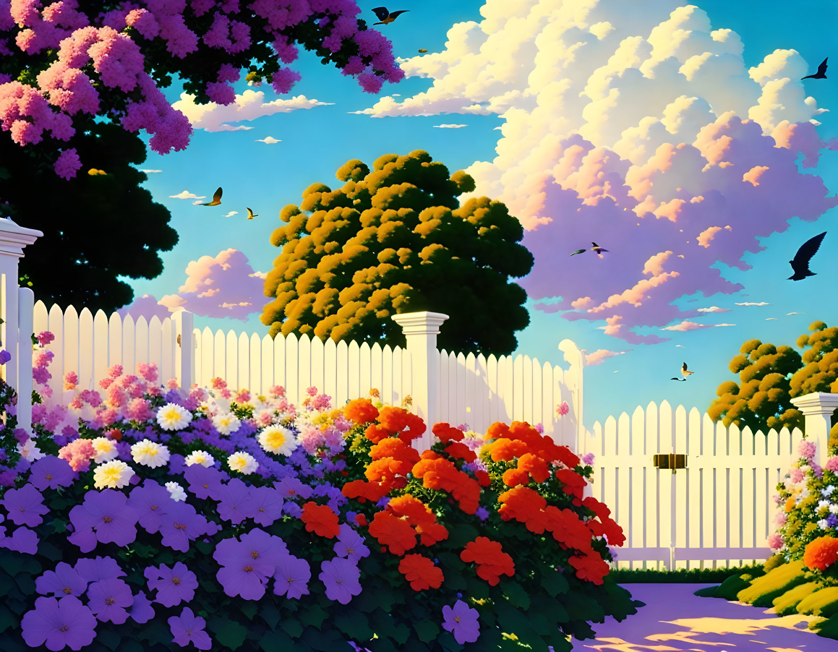 Colorful Flower Garden with White Picket Fence & Blue Sky