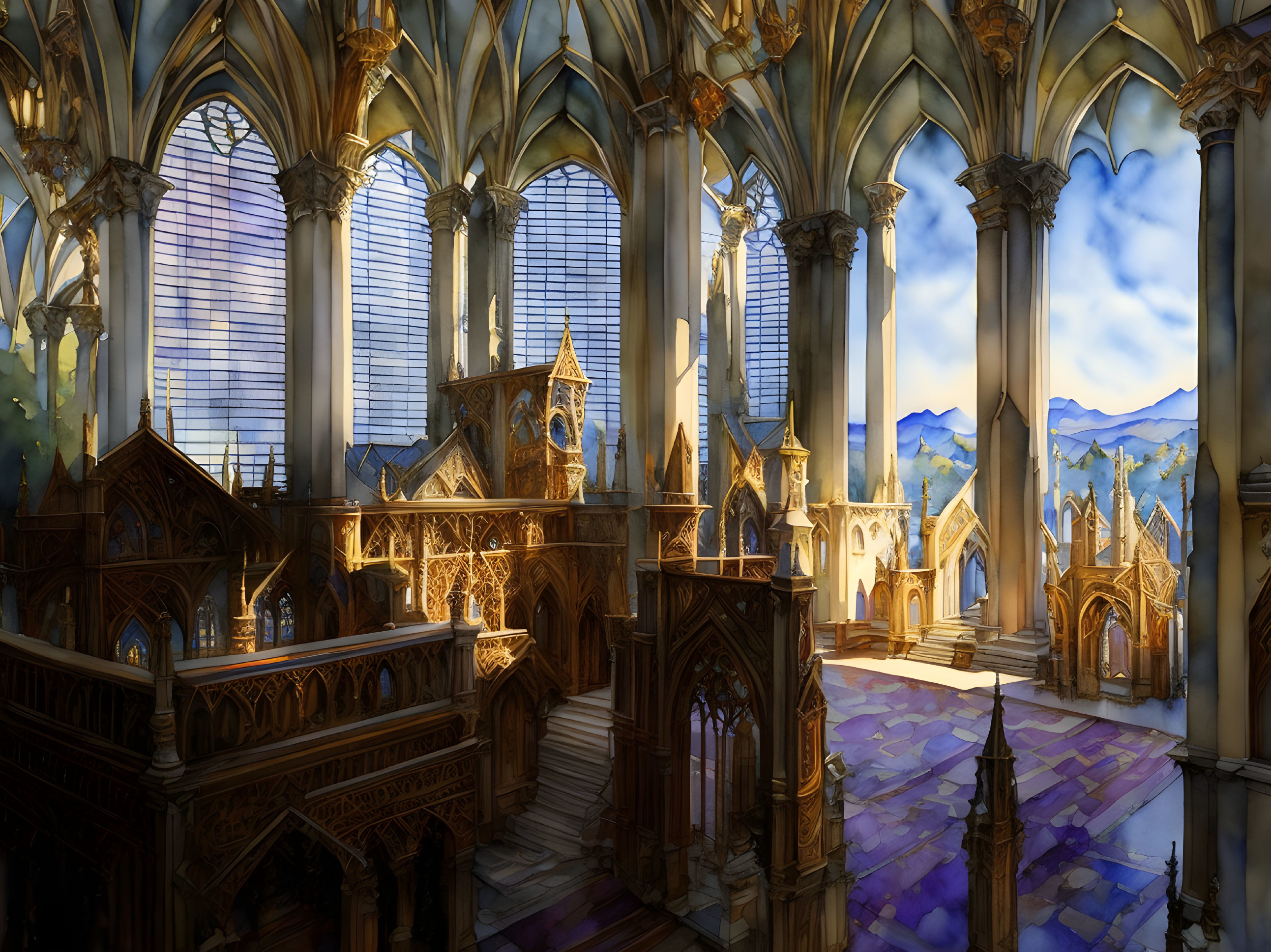 Gothic cathedral interior with sunlight filtering through large windows