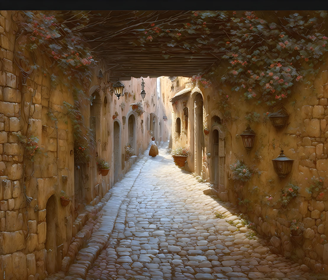 Tranquil cobblestone alley with potted plants, wall lanterns, and flowering vine arch