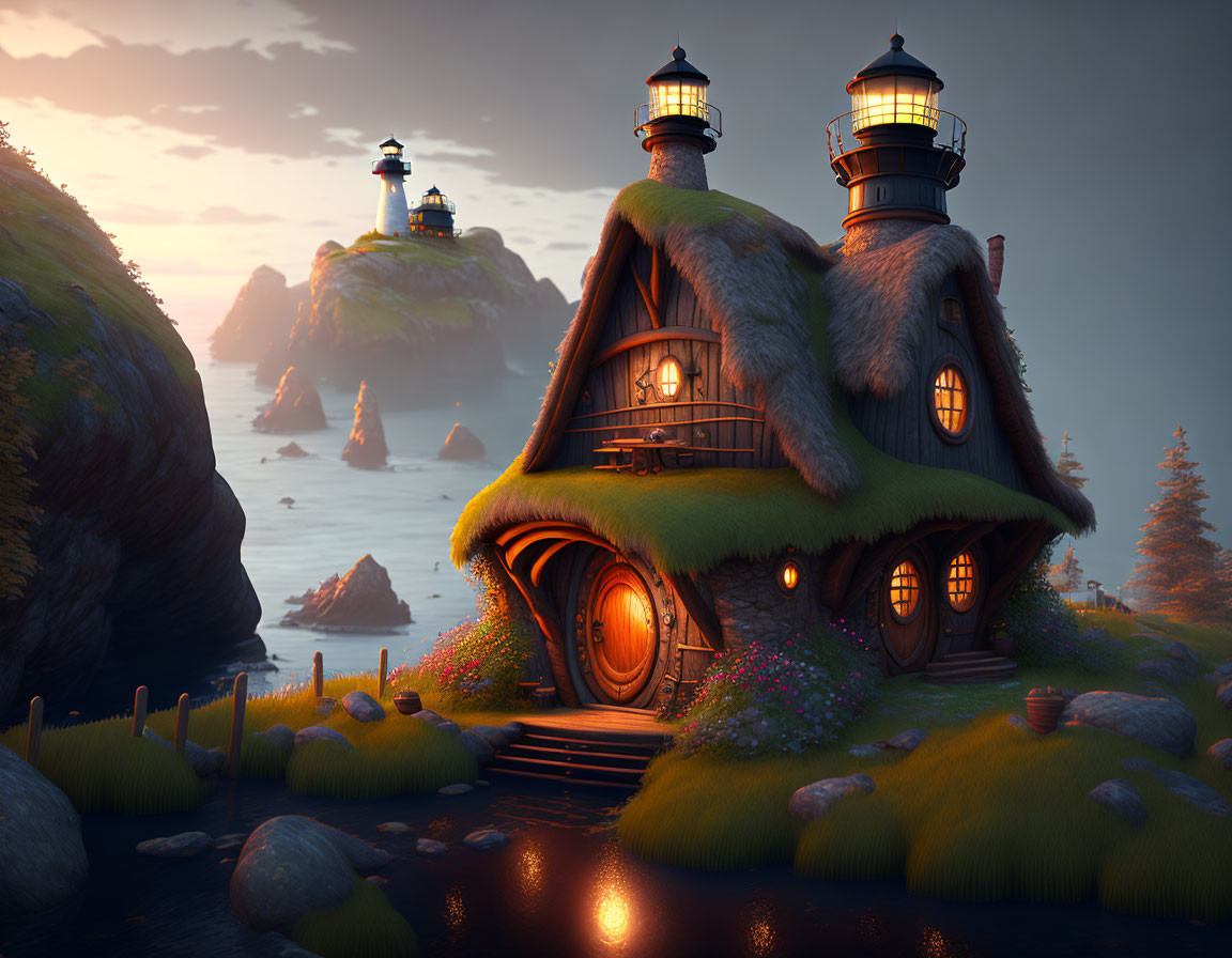 Thatched Roof Cottage with Lighthouse Features by Rocky Sea at Sunset