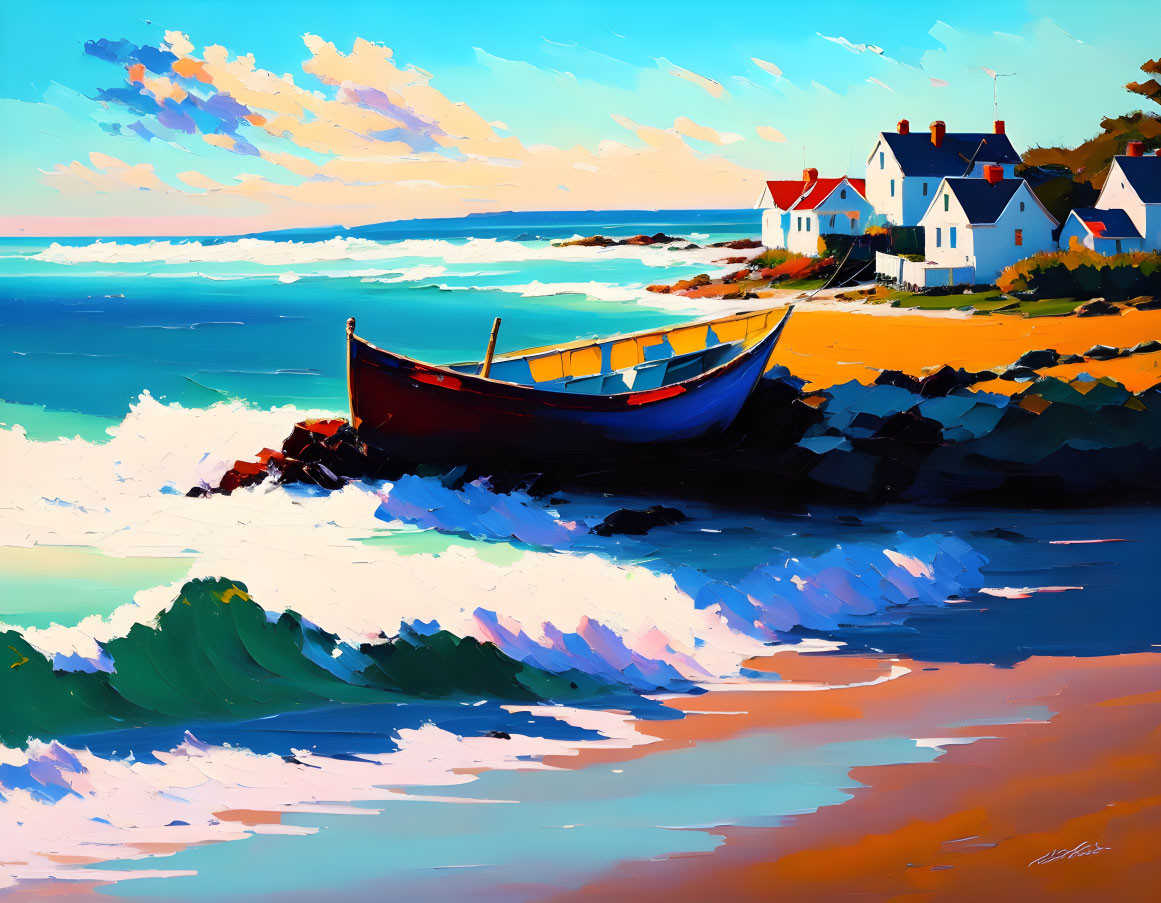 Colorful painting of red and blue boat on shore with houses and blue sky