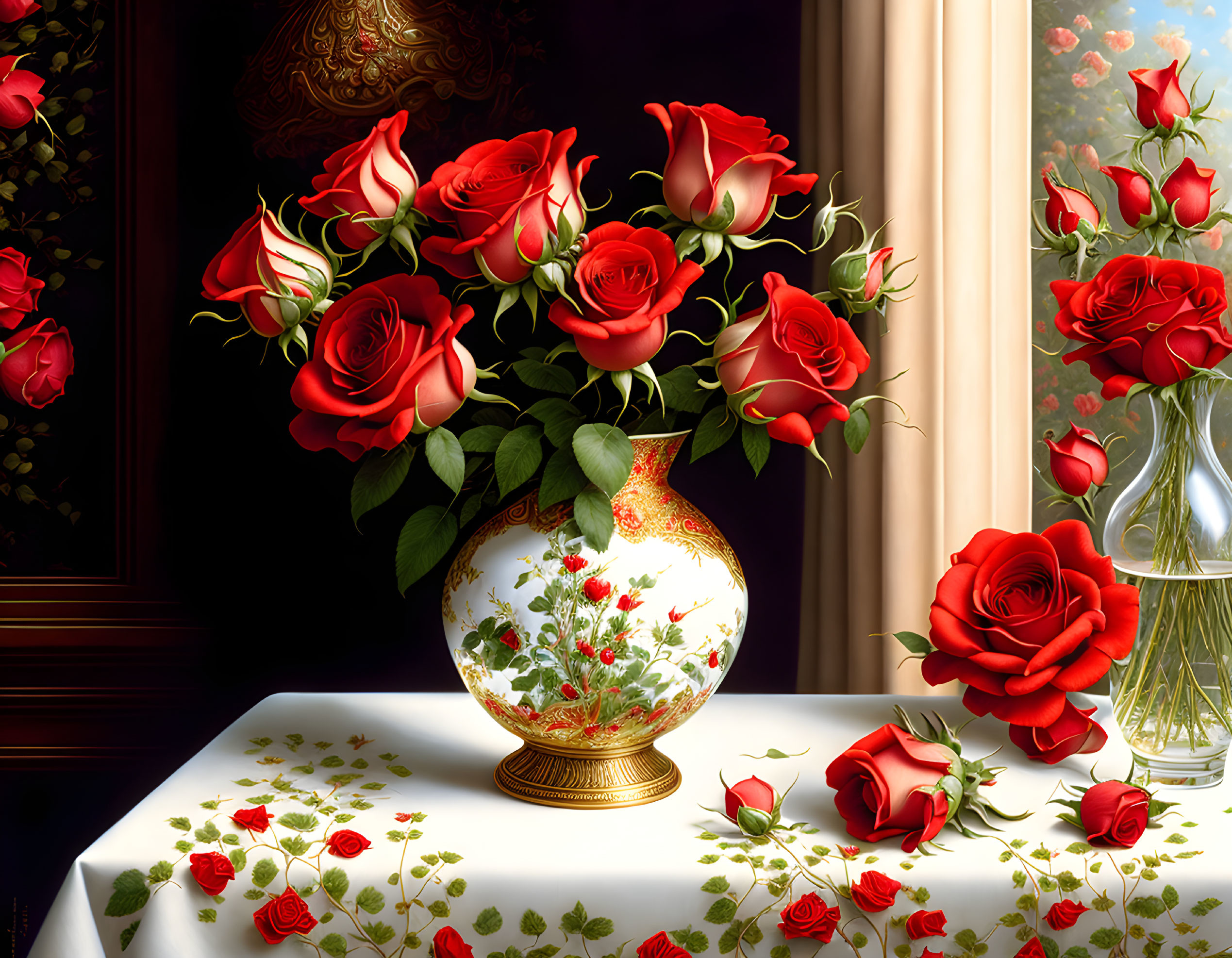 Red roses in ornate vase on table by garden-view window