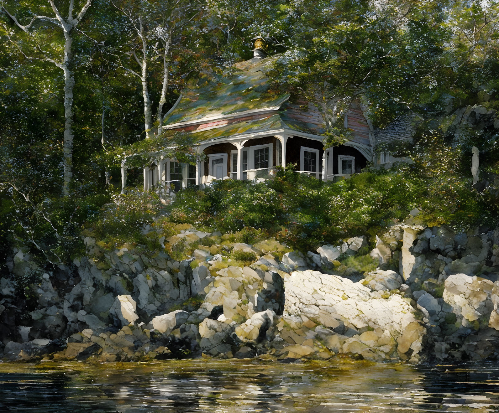 Sunlit house by rocky waterfront with tree surroundings