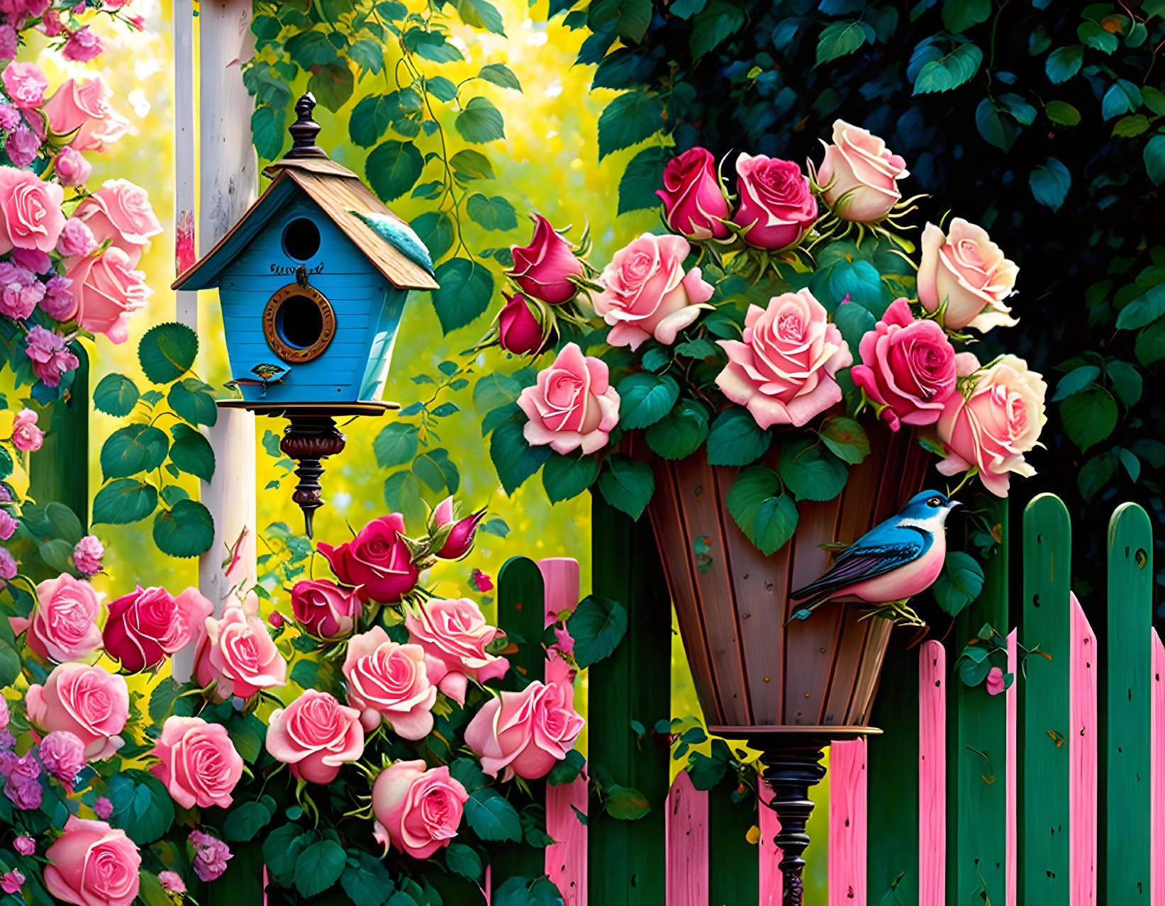 Colorful garden with birdhouse, roses, bird, and greenery