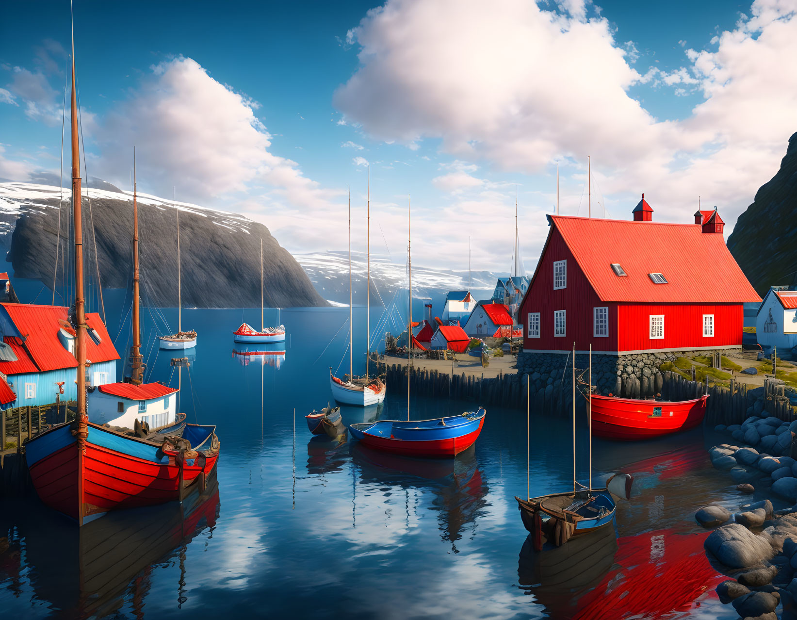 Village with red-roofed houses near bay and cliffs under cloudy sky