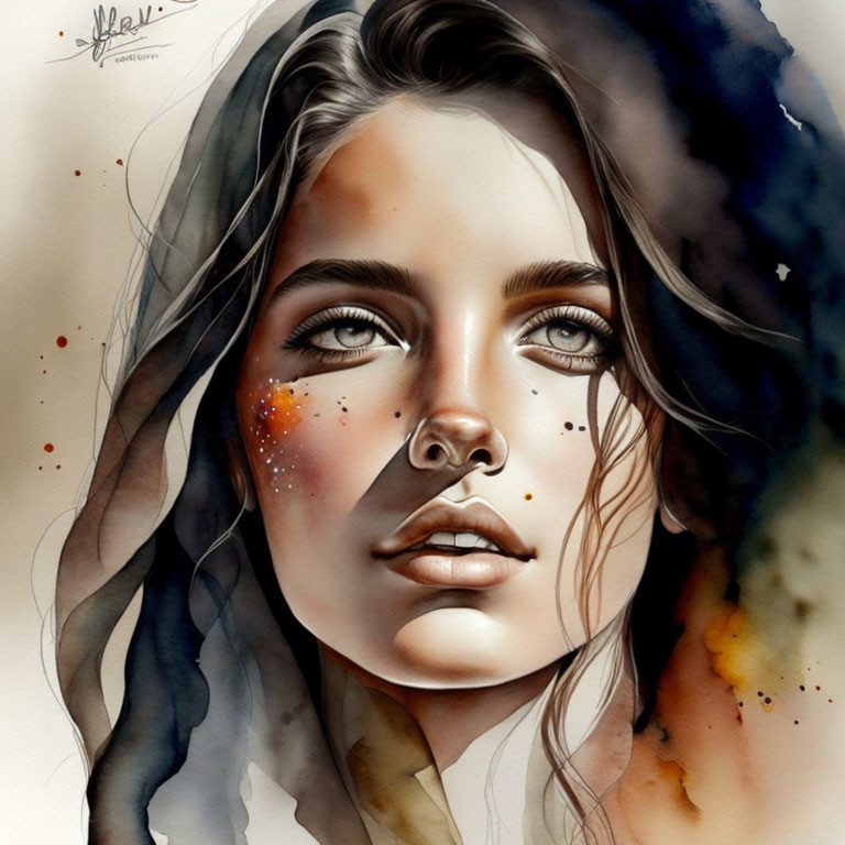 Portrait of a Woman with Green Eyes and Freckles in Watercolor