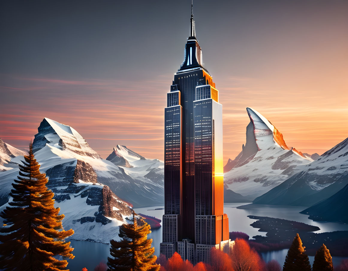 City skyscraper merges with mountain landscape at sunset