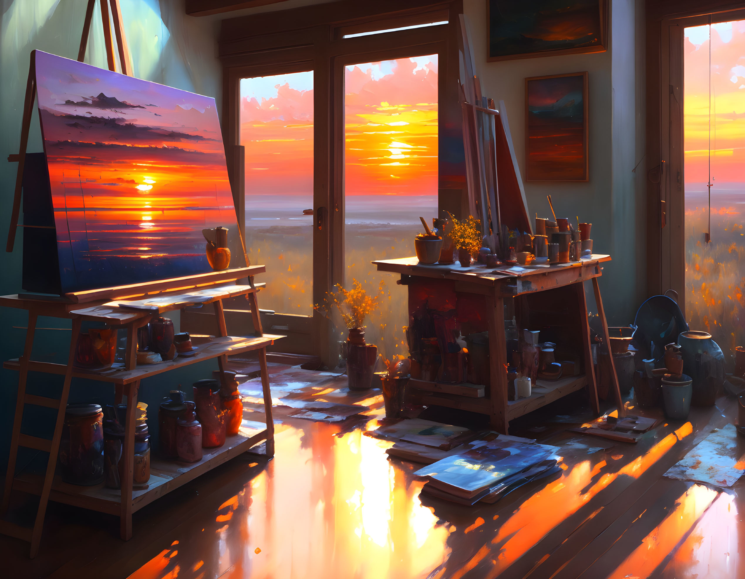 Studio at sunset with painting easel, art supplies, and vivid scenic painting.