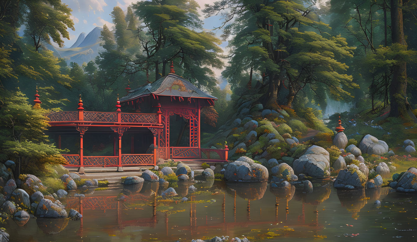 Tranquil pond with red pagoda gazebo and lush landscape