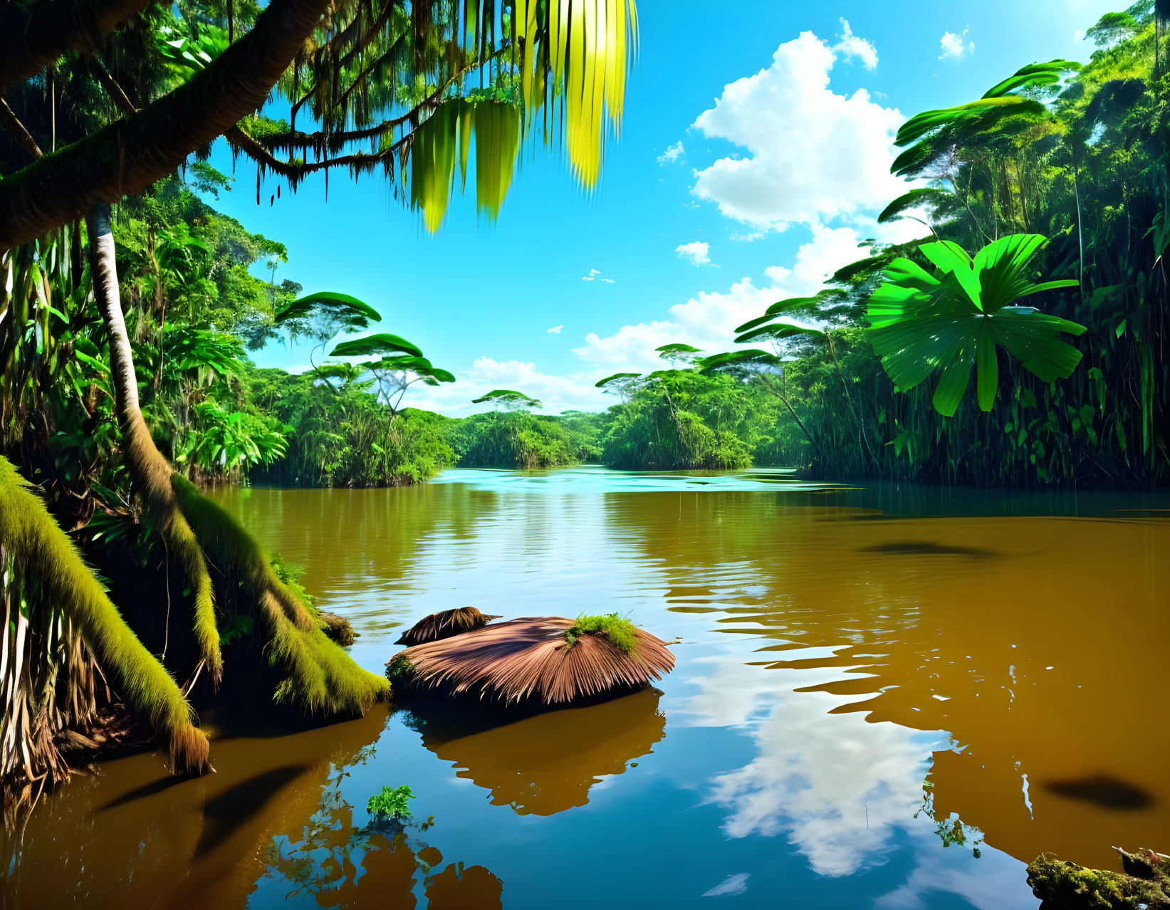 Lush Tropical River with Clear Blue Sky