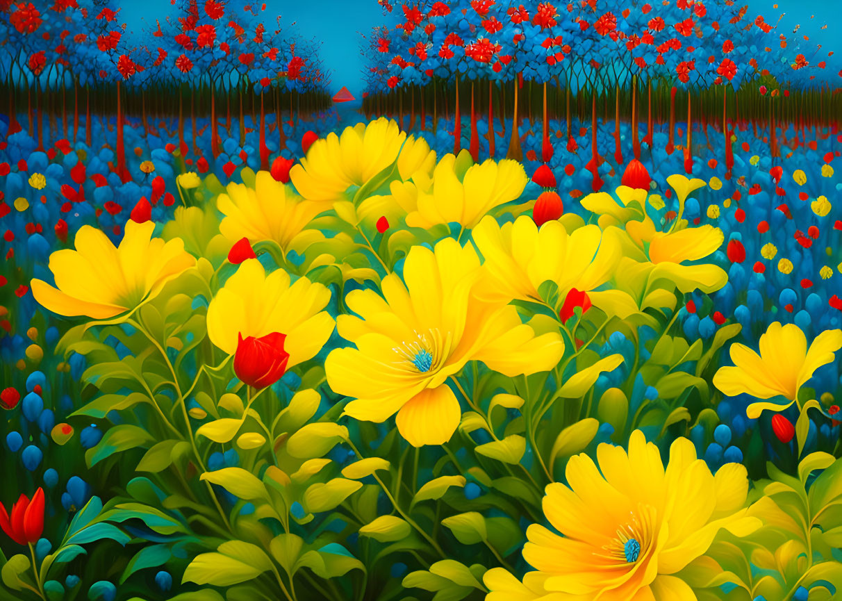 Colorful Floral Painting with Yellow Flowers, Red Tulips, and Blue Accents on Surreal Background