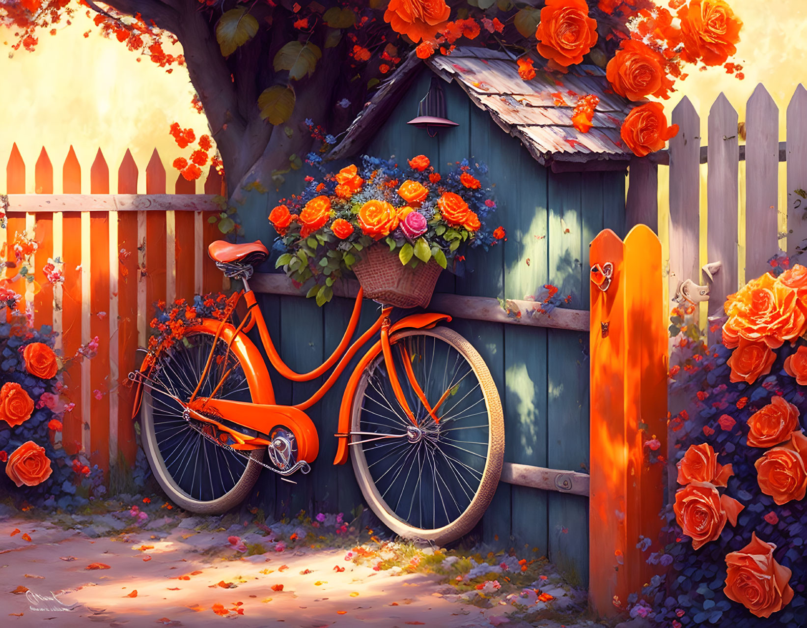 Orange bicycle by blue shed with orange roses and leafy canopy