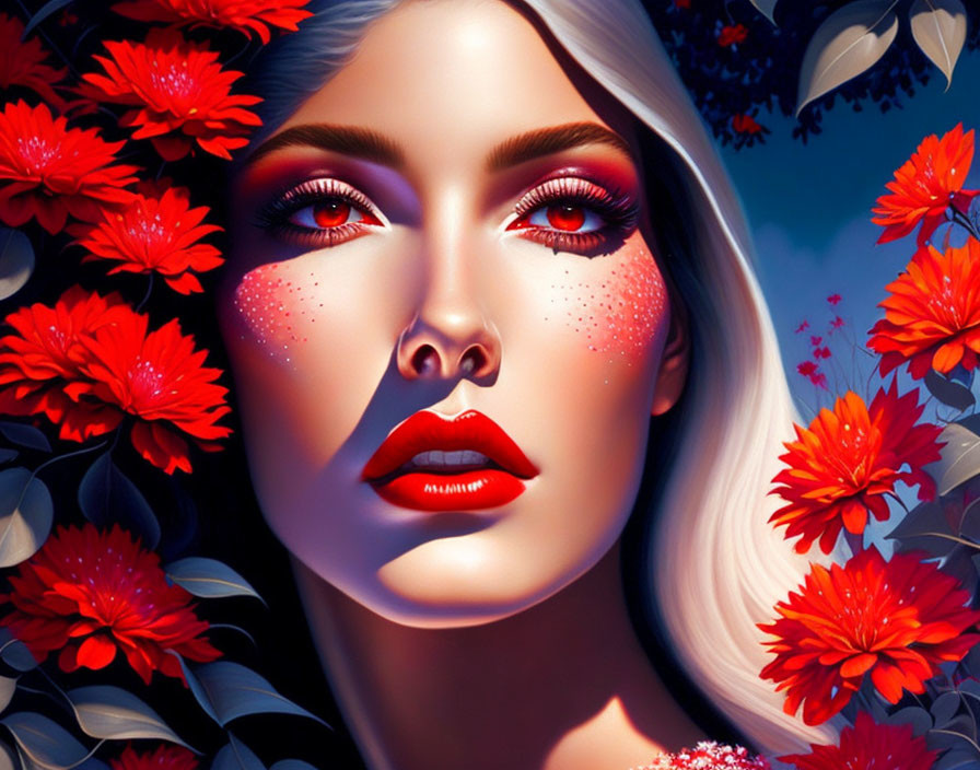 Vivid red makeup woman among red flowers on dark backdrop