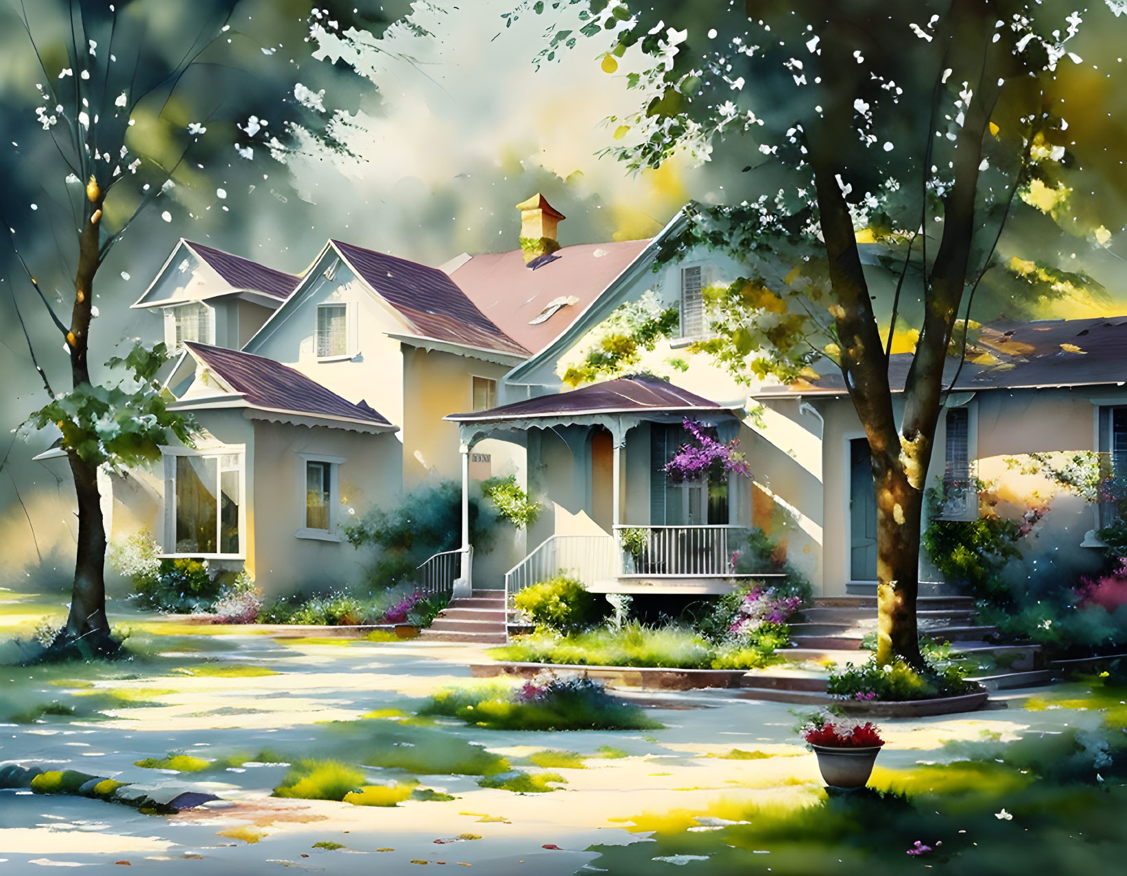 Tranquil suburban scene with charming houses and lush greenery