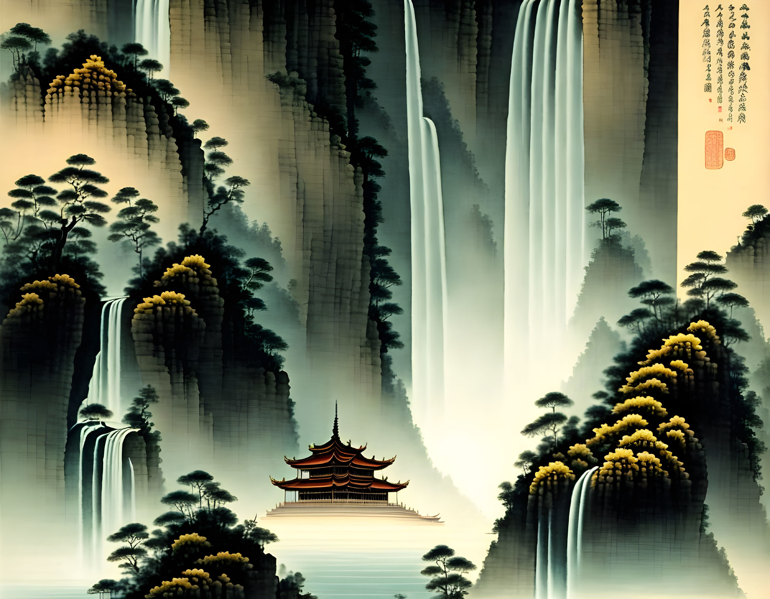 Asian landscape painting: waterfalls, misty mountains, pine trees, serene temple