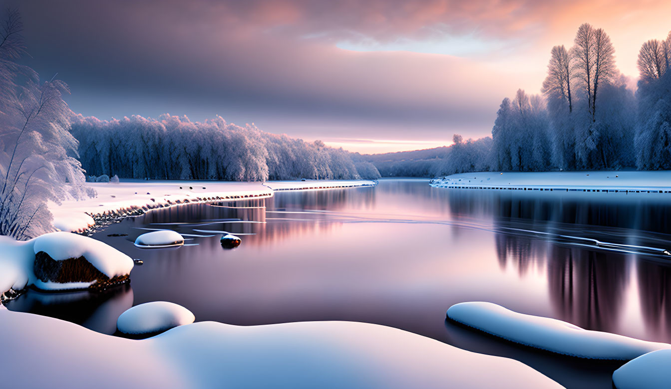 Tranquil Winter Landscape with Reflective River & Snow-Covered Trees