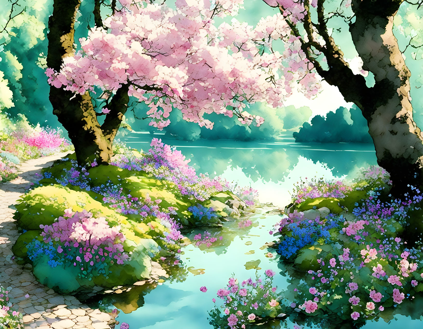 Vibrant spring scene with cherry blossoms, lush greenery, tranquil pond