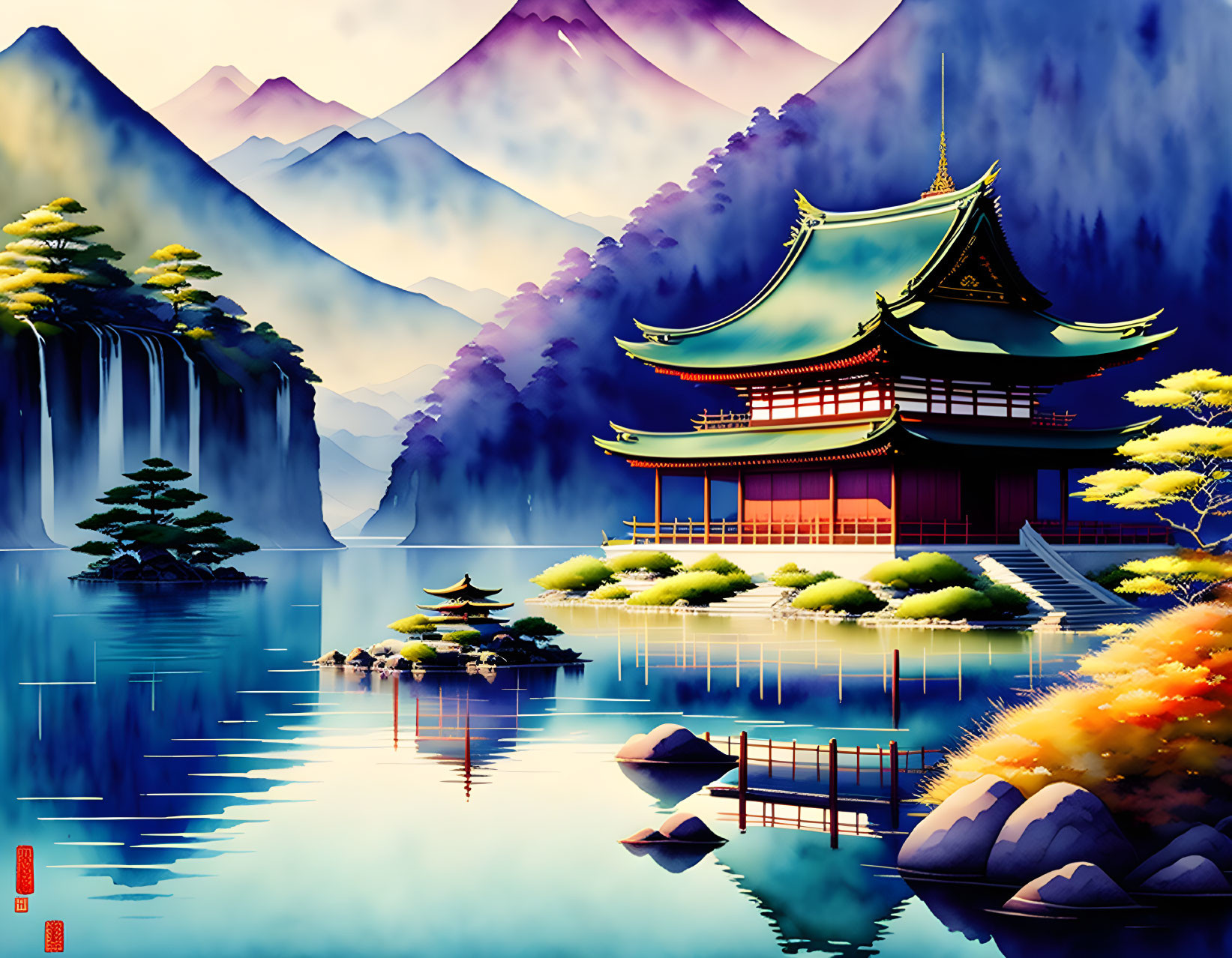 Traditional Japanese Pagoda Illustration by Tranquil Lake and Mountains