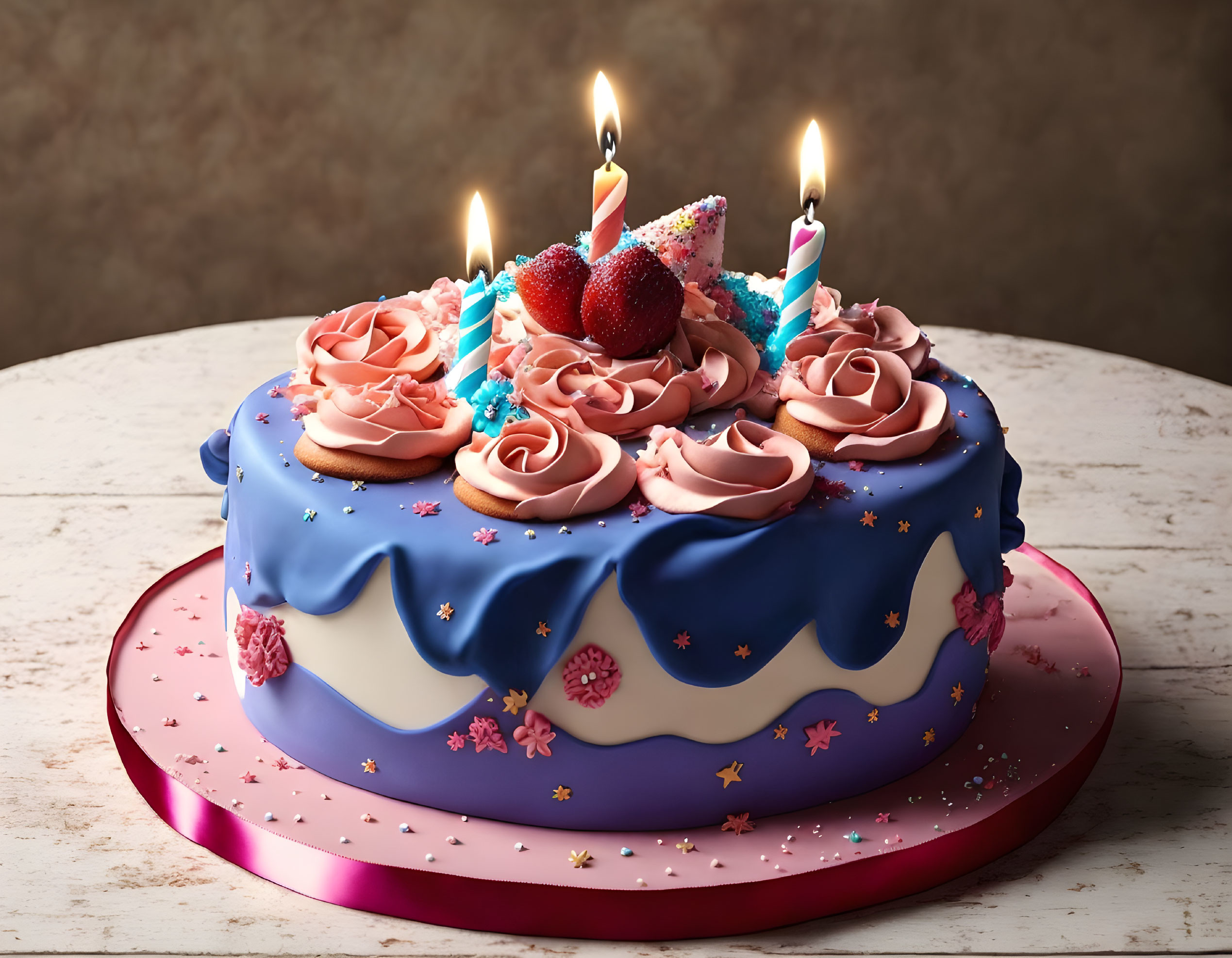 Colorful Birthday Cake with Strawberry Toppings and Candles