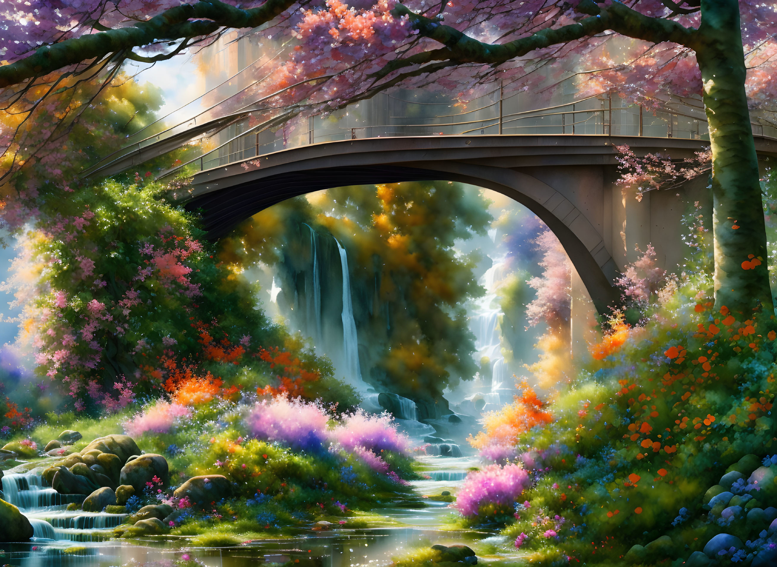 Tranquil fantasy landscape with bridge over waterfall