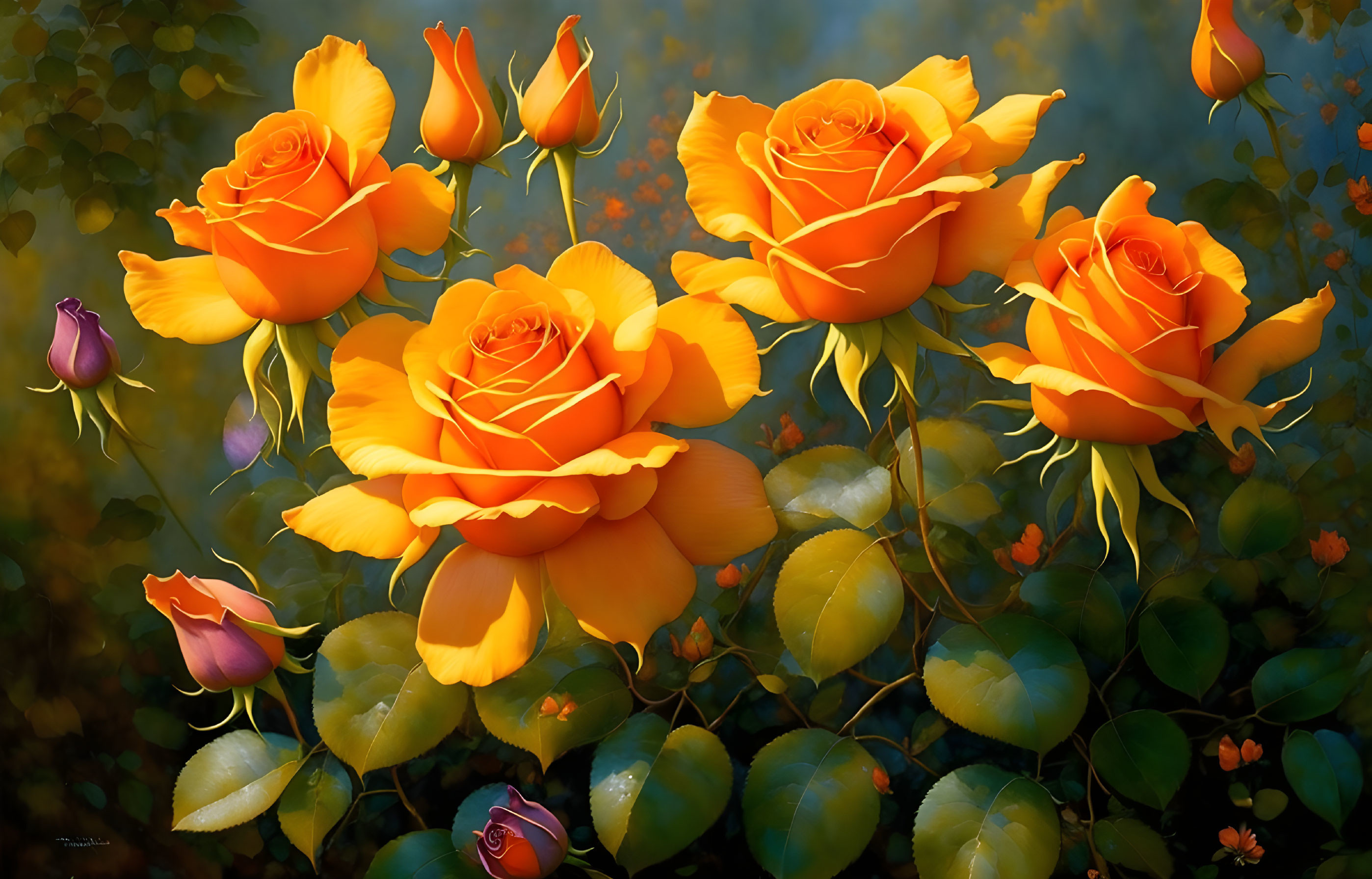 Orange Roses Cluster with Green Foliage and Buds on Bokeh Background