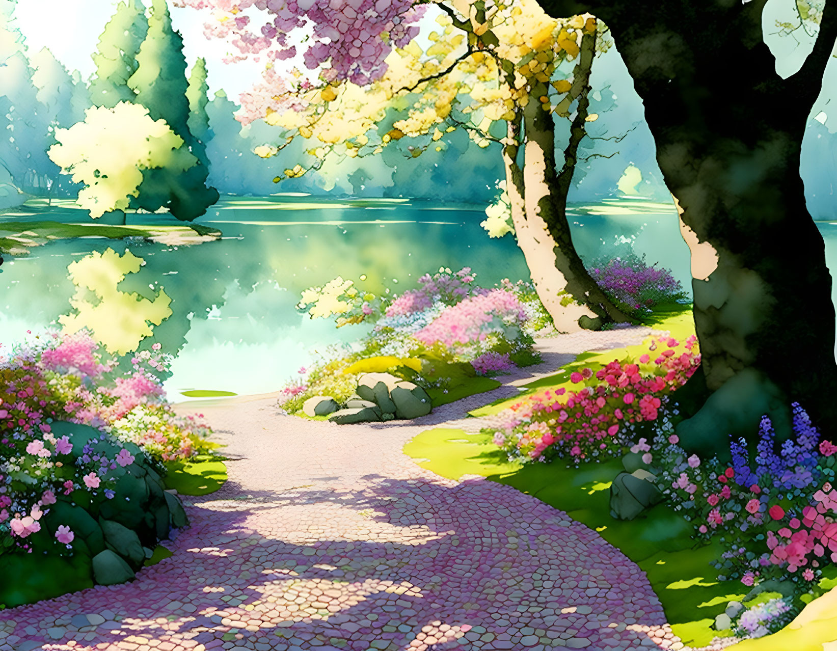 Serene park illustration with blossoming tree and pond