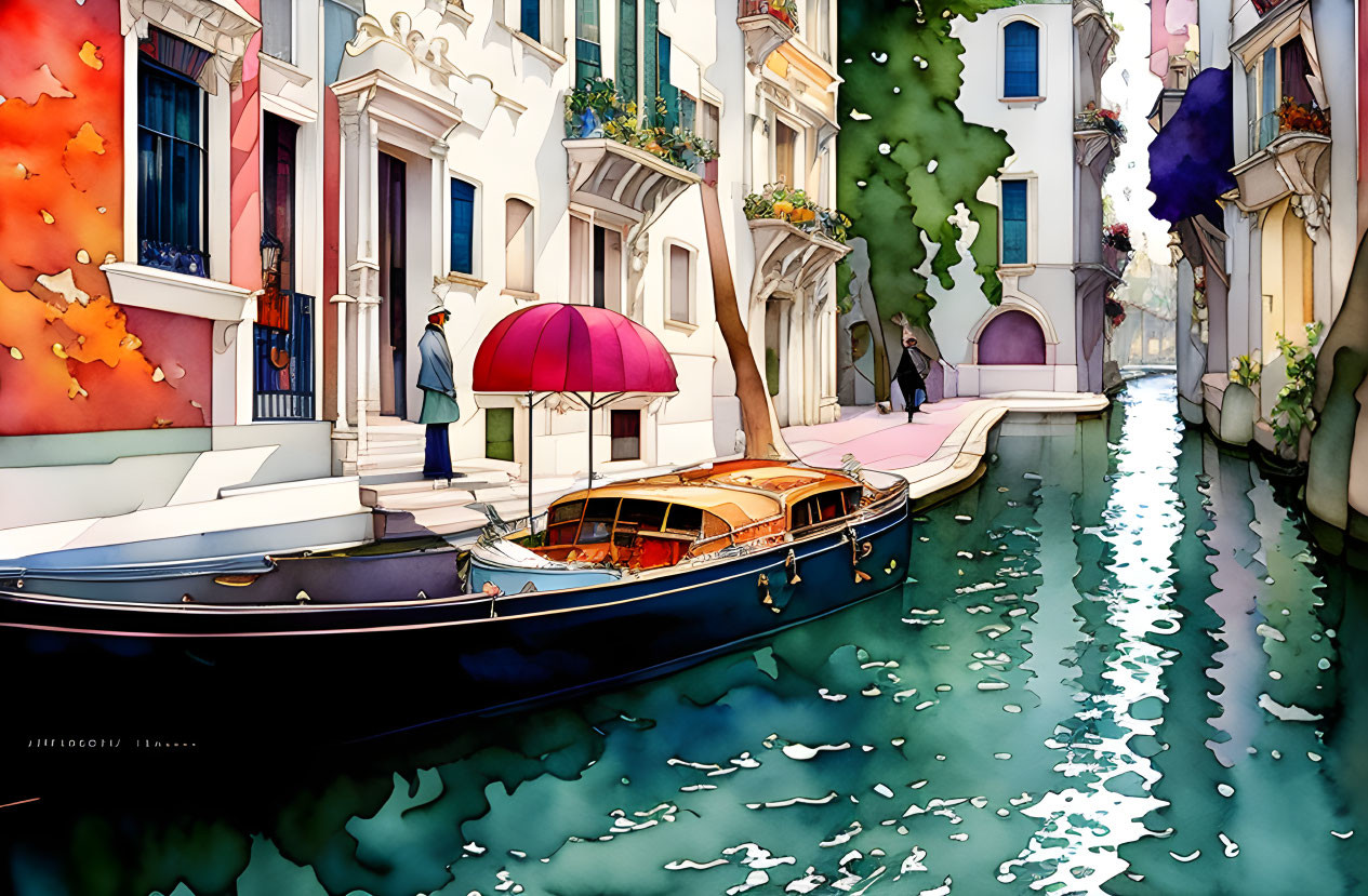 Vibrant Venetian canal scene with boat, buildings, and figure.