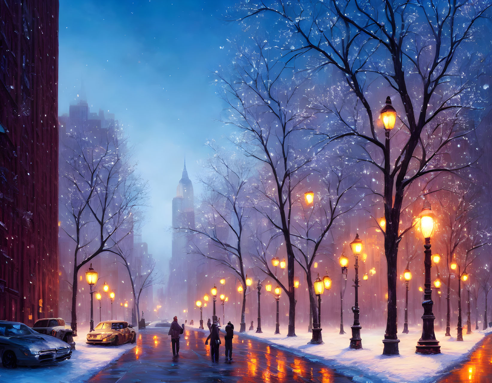 Snowy city street at dusk with pedestrians, street lamps, trees, and parked cars in a cozy