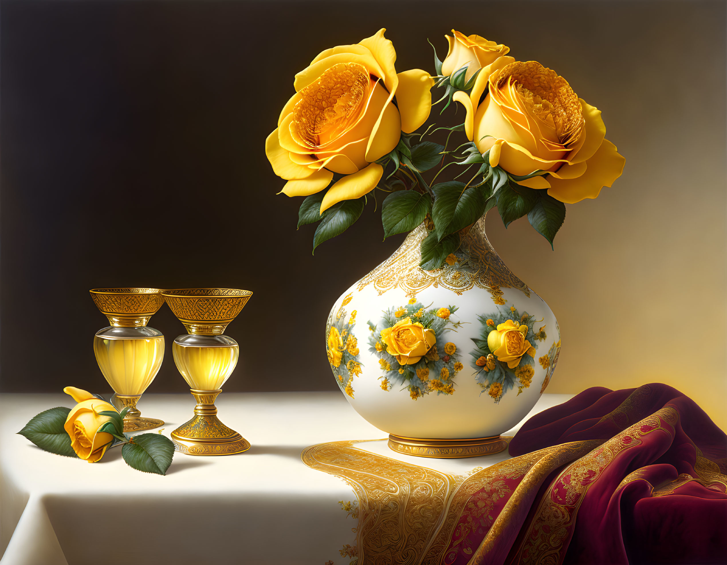 Golden yellow roses in ornate white vase with golden goblets on table