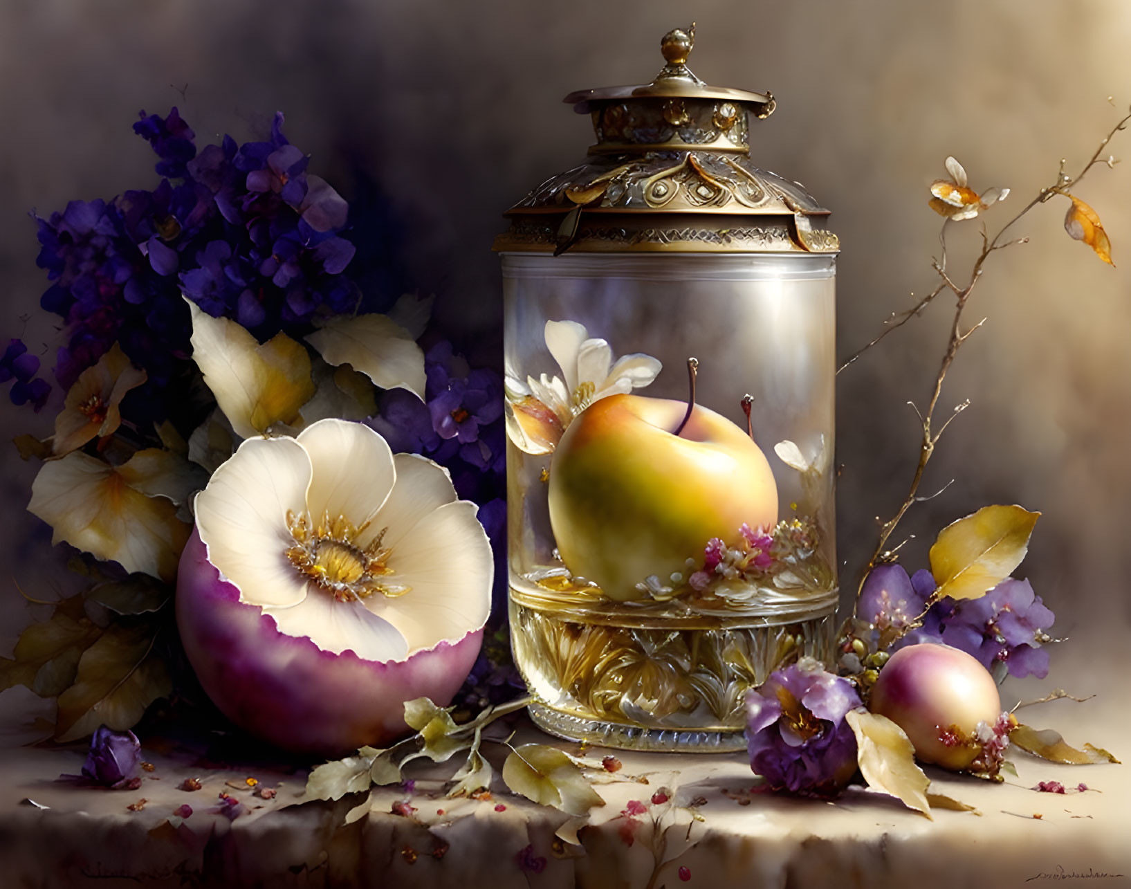 Still Life Painting: Glass Jar with Apples and Flowers