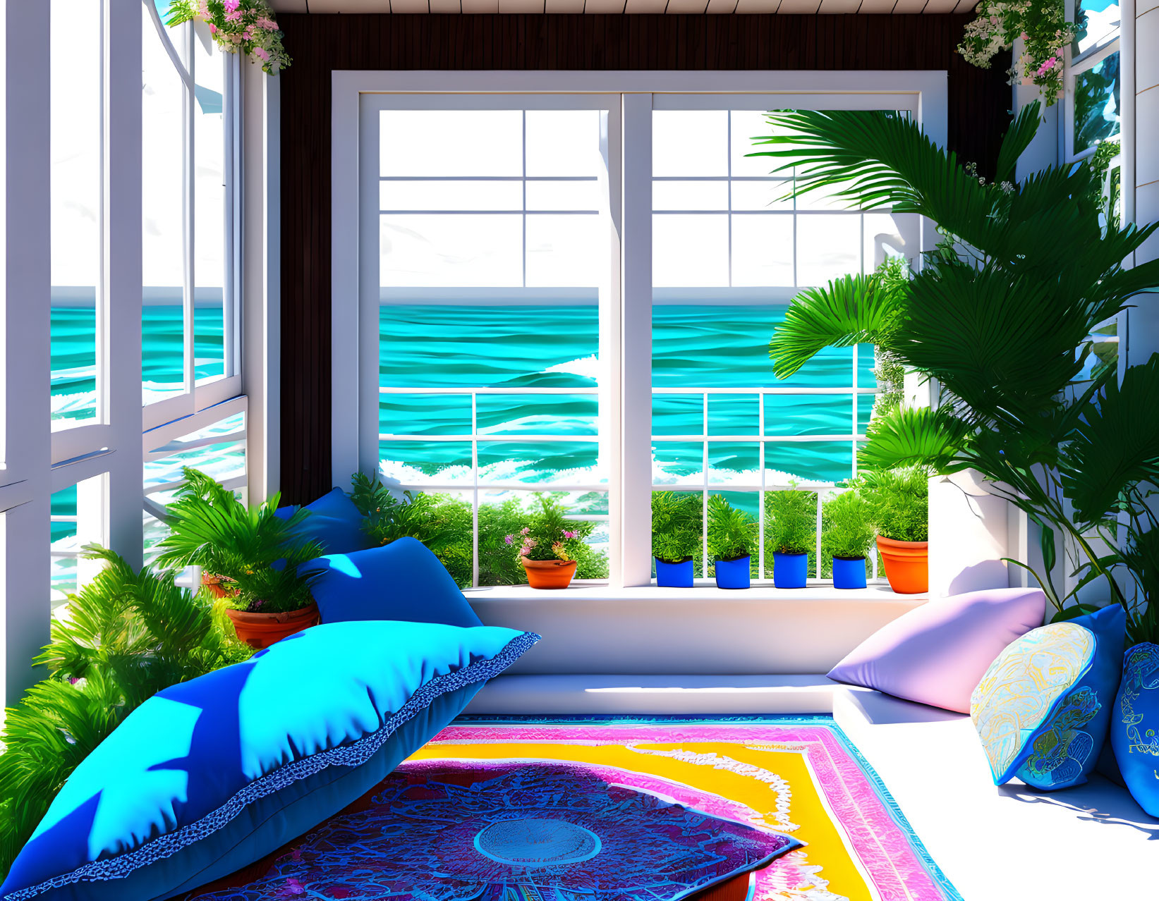 Bright room with large windows overlooking beach view, colorful cushions, patterned rug, decorative plants