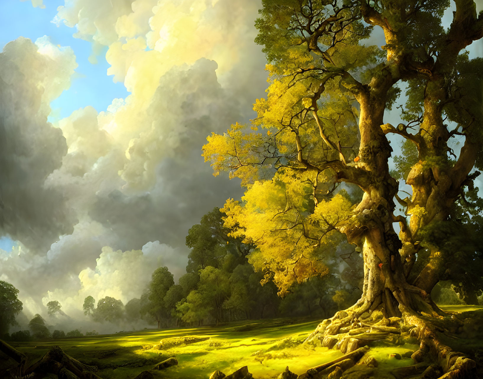 Majestic tree in vibrant forest scene