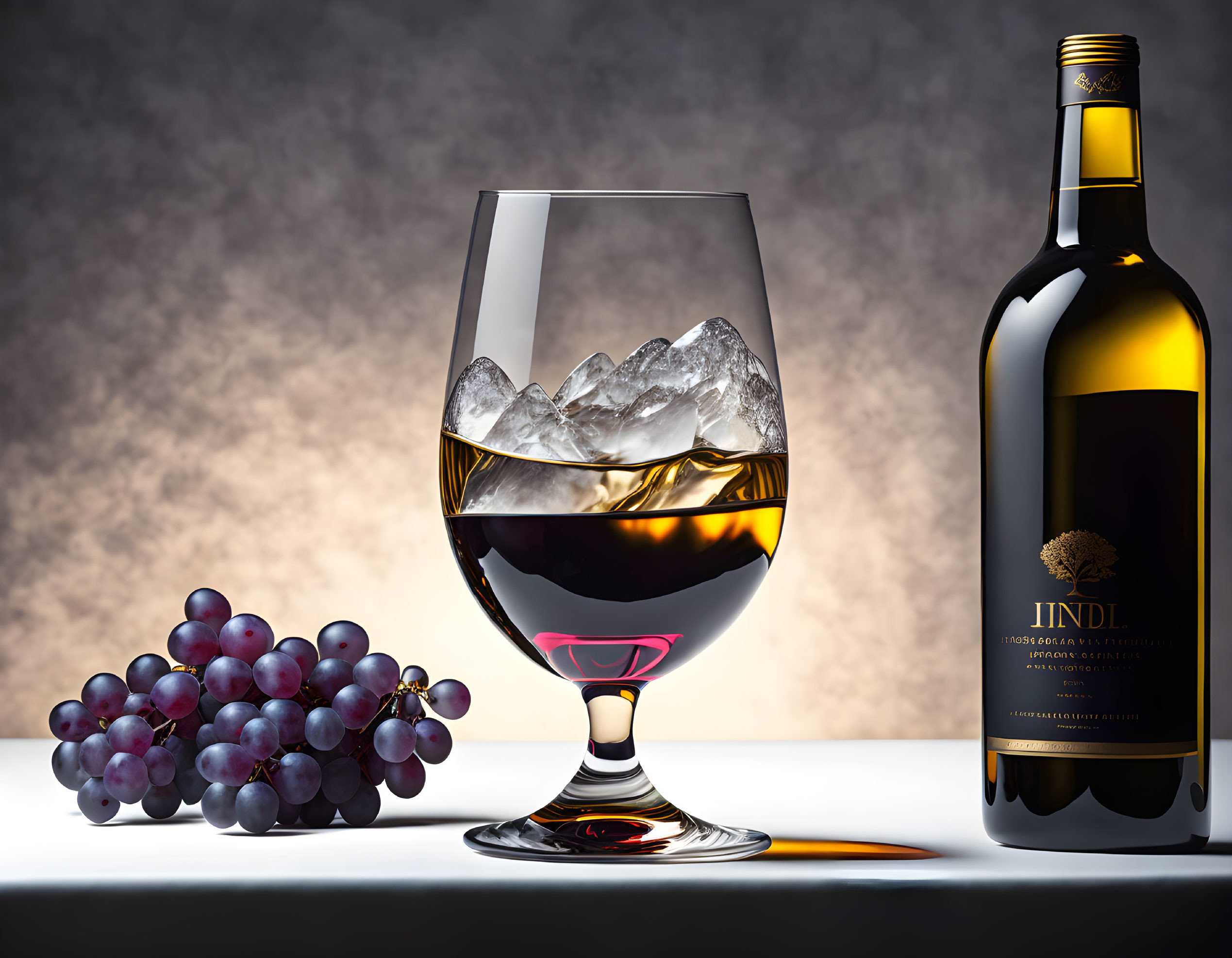 Whiskey glass with ice, bottle, grapes on table, dramatic textured background