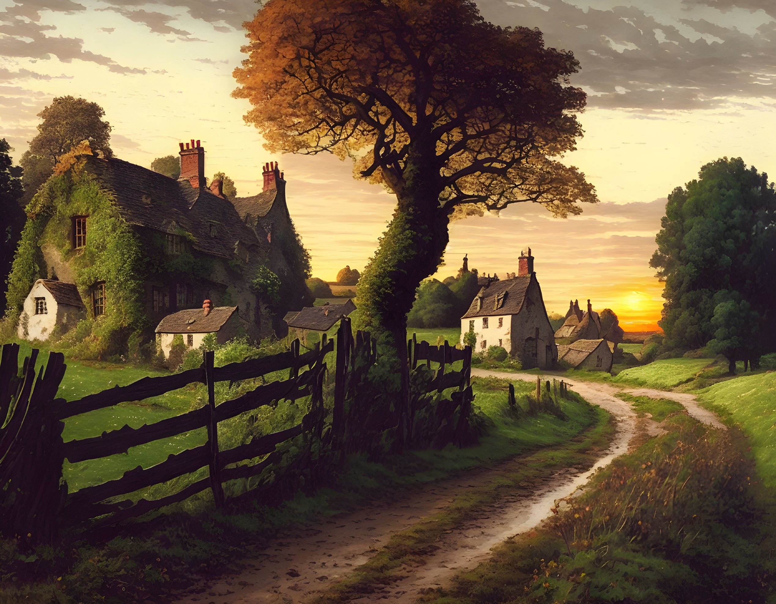 Tranquil sunset scene over quaint village with thatched cottages, dirt road, and old tree