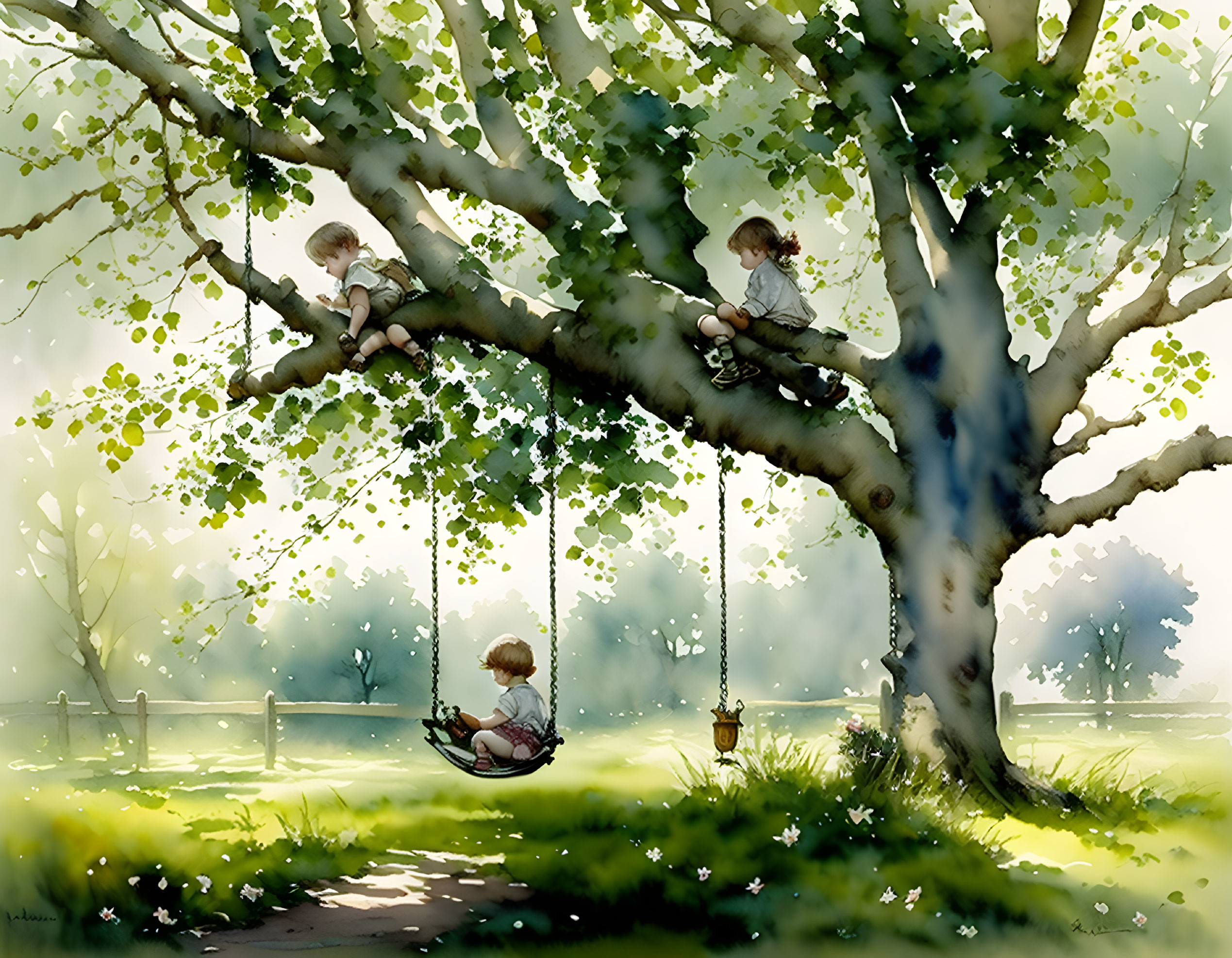 Children playing on large tree swings in lush greenery