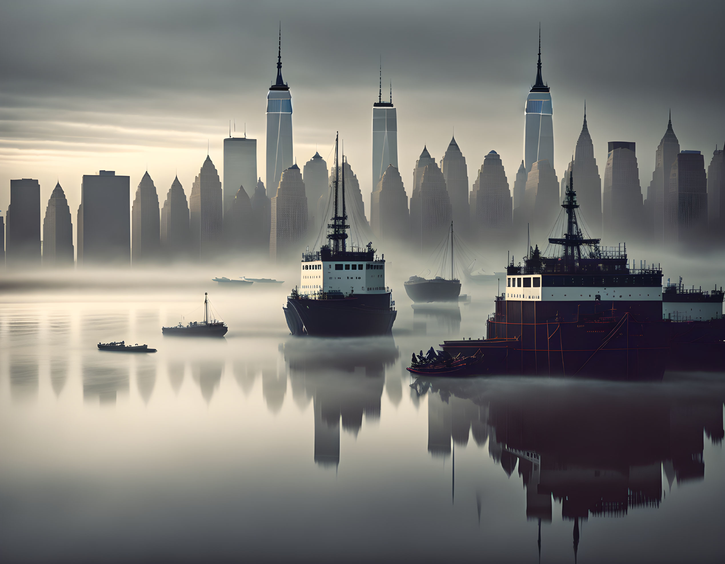 Monochromatic cityscape with silhouetted skyscrapers and ships in misty reflection