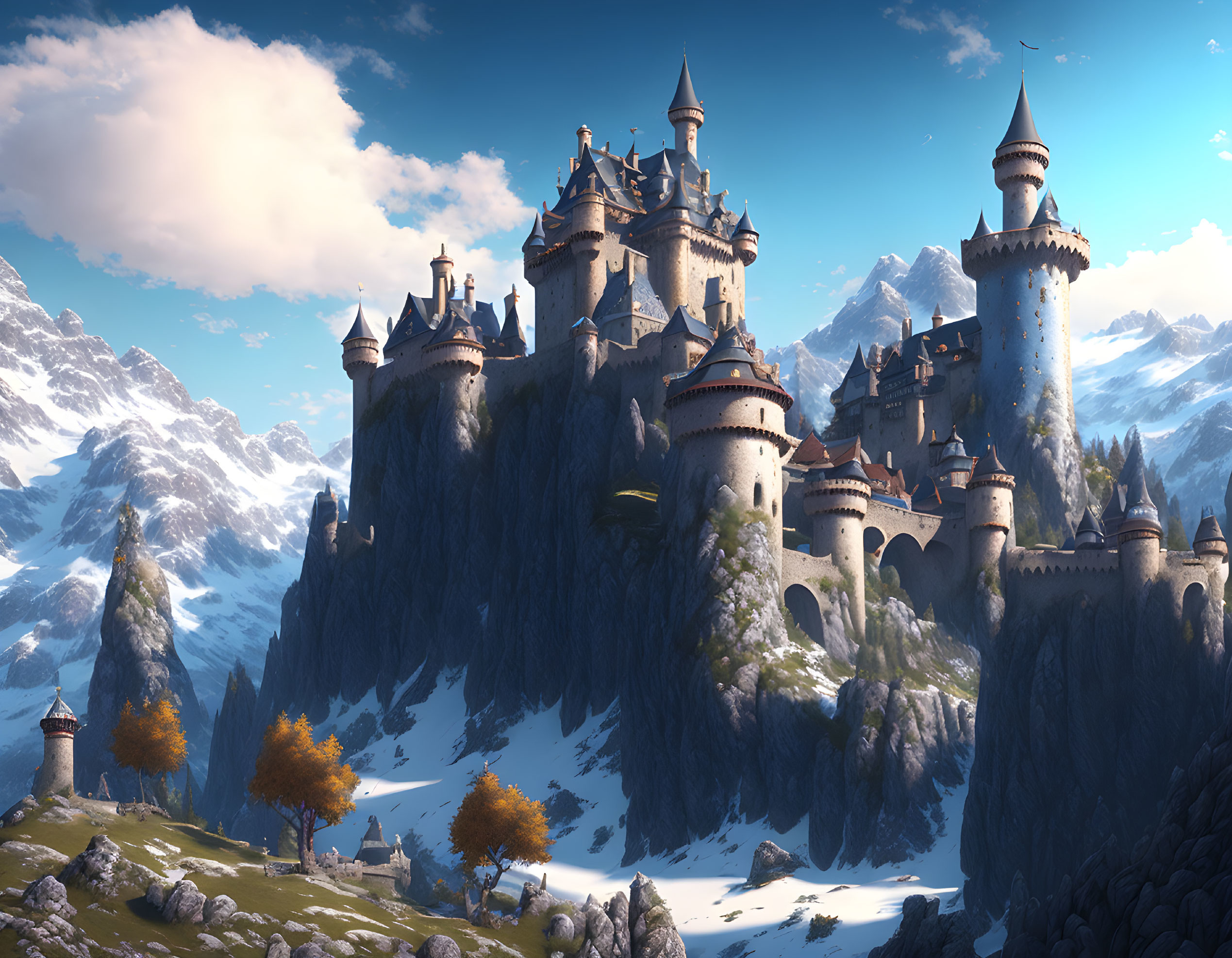 Majestic fantasy castle on rugged cliffs with autumnal trees and snowy mountains