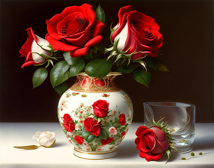 Red and white roses in ornate vase with glass petal on table