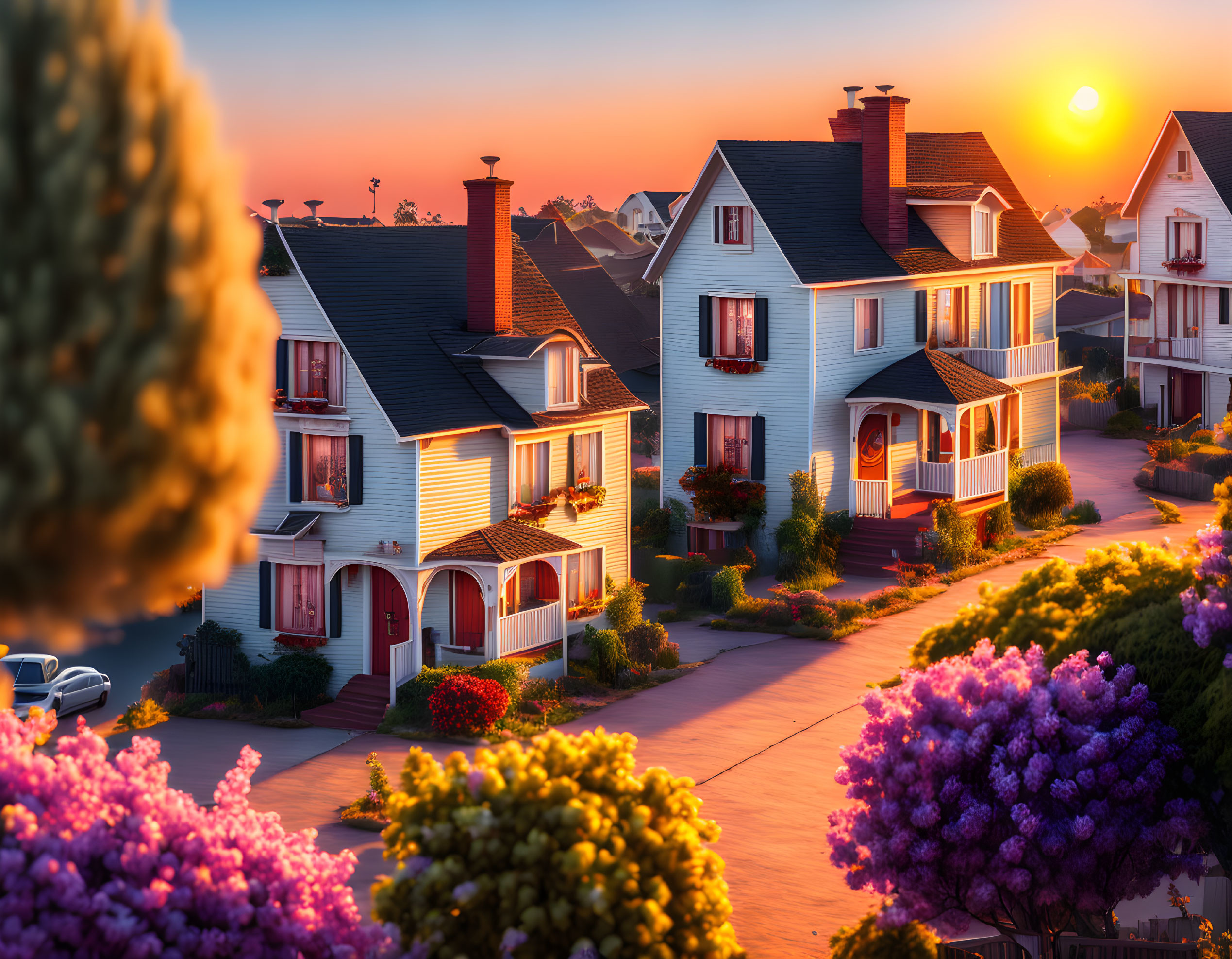 Tranquil suburban street at sunset with vibrant trees