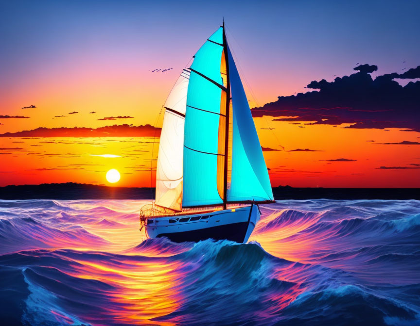 Sailboat with illuminated sails in vibrant sunset seas