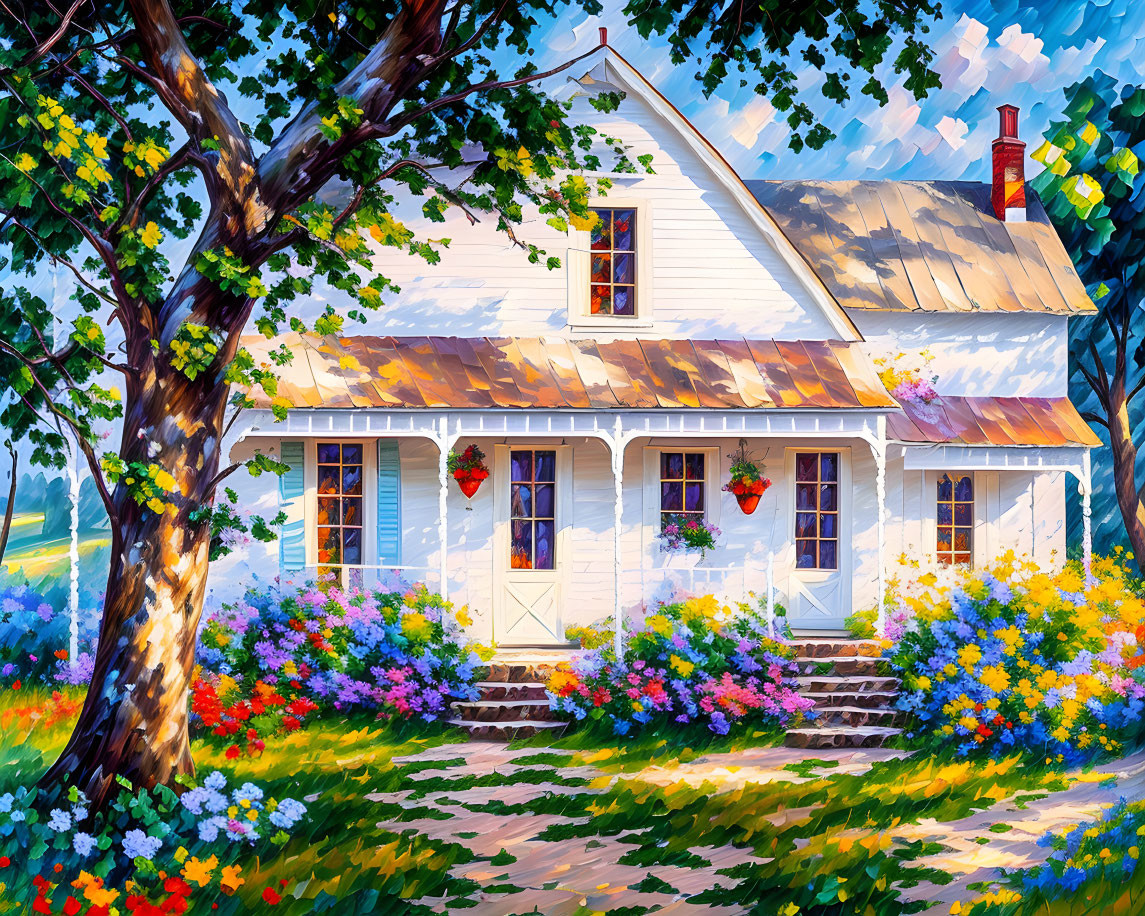 Colorful Flowers Surround White Cottage in Sunlight