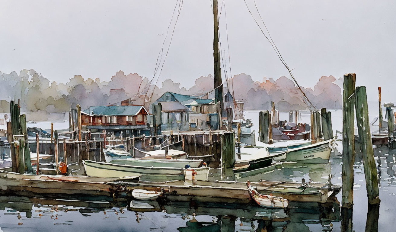 Serene harbor scene with boats, pier, buildings, and misty atmosphere