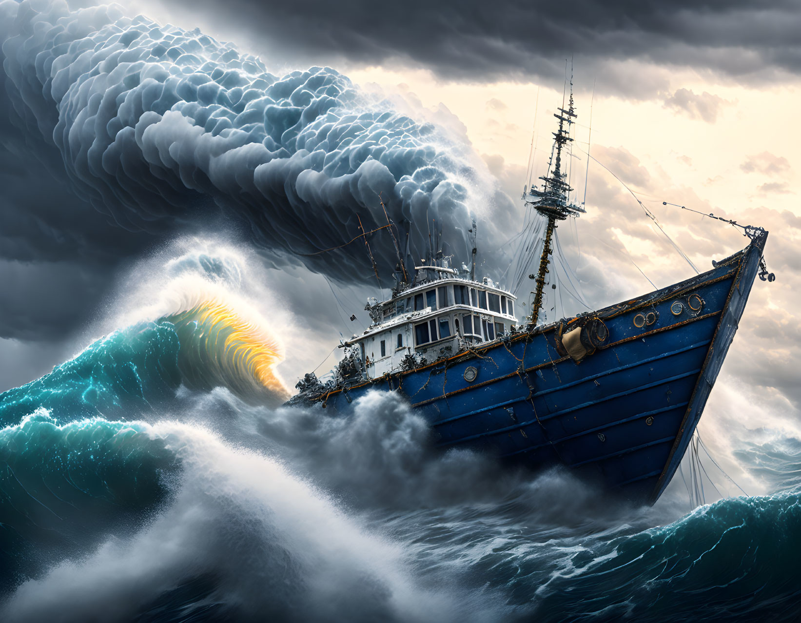 Blue ship battling turbulent waves under storm cloud with surreal eye formation