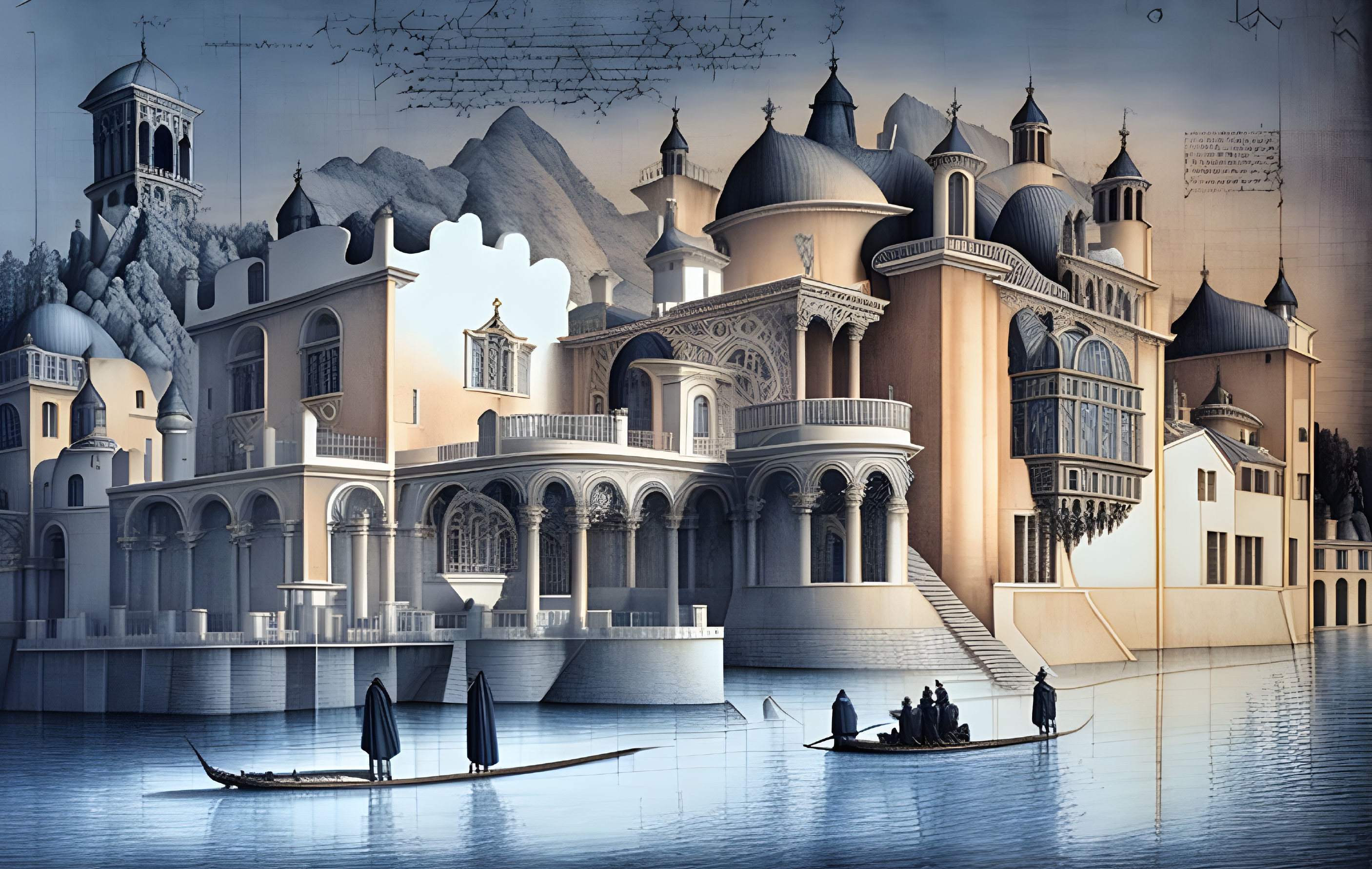 Illustration of elegant waterfront compound with domes and arches