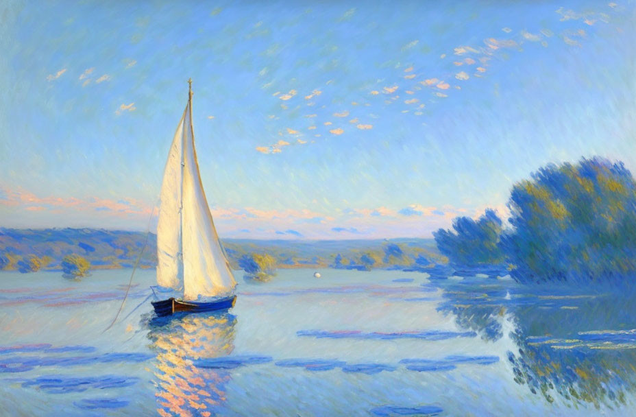 Tranquil sailboat painting at sunset on calm waters