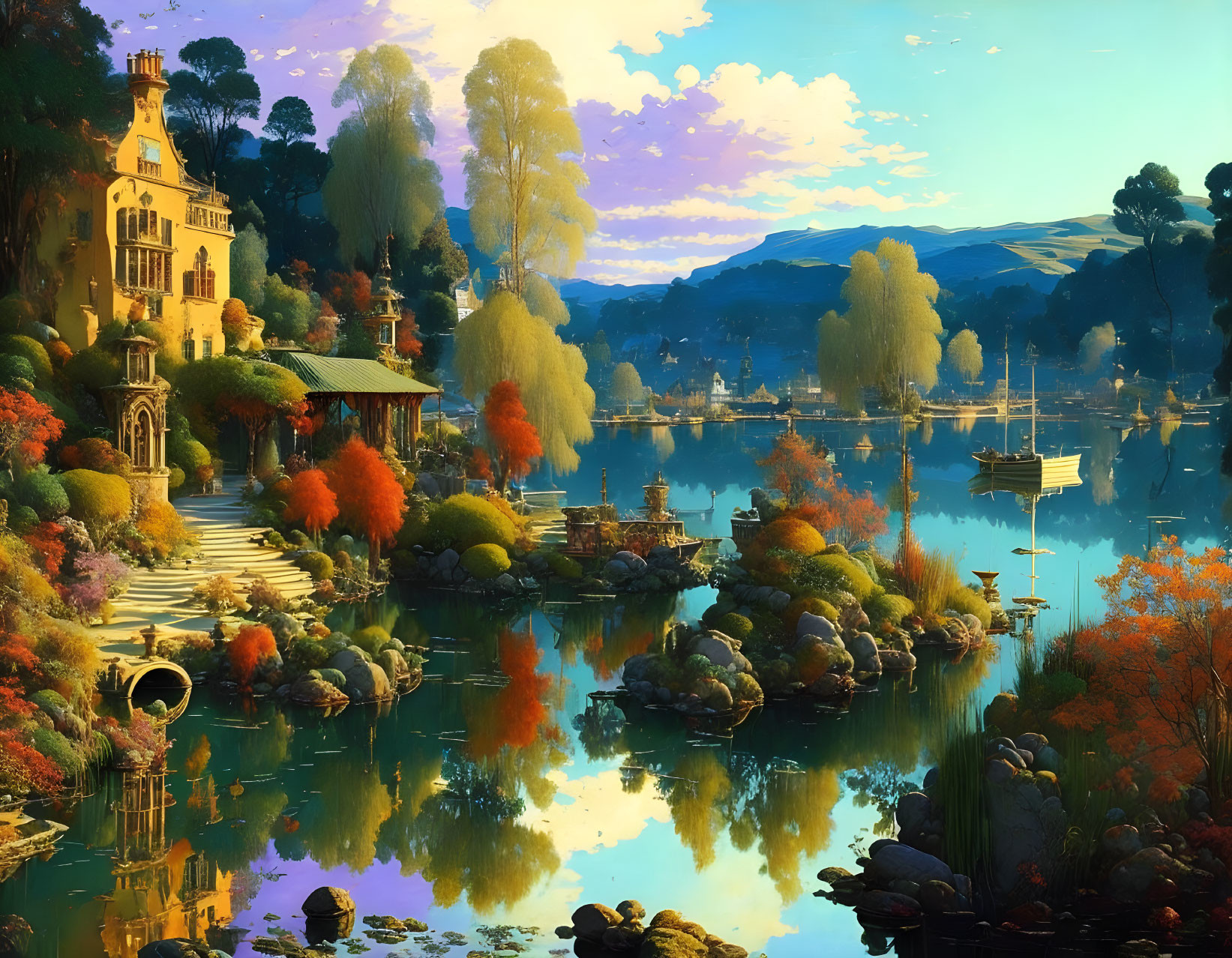 Tranquil lakeside view with autumn colors, villa, bridges, sailboat