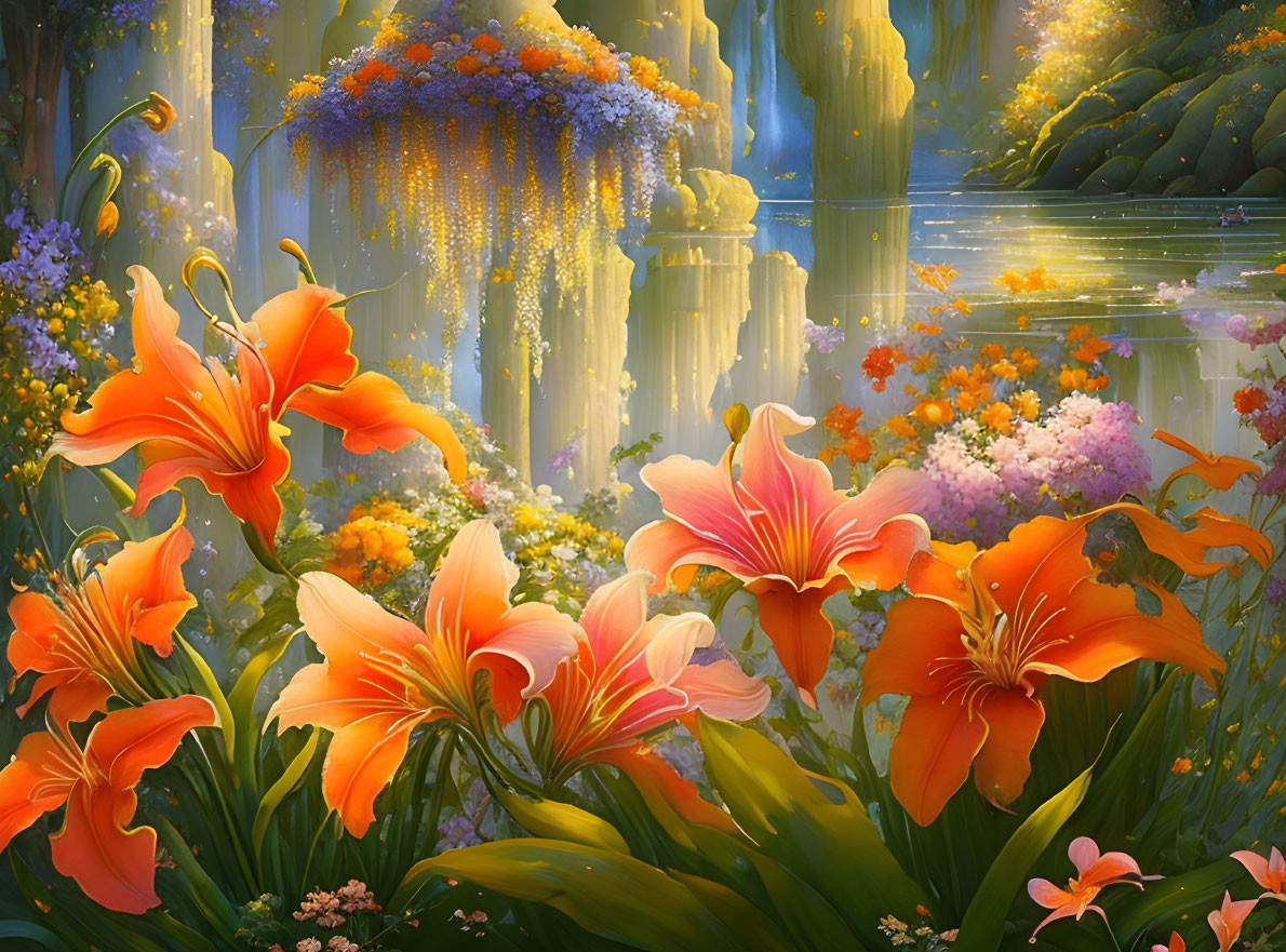 Vibrant orange lilies in lush enchanted forest with serene pond