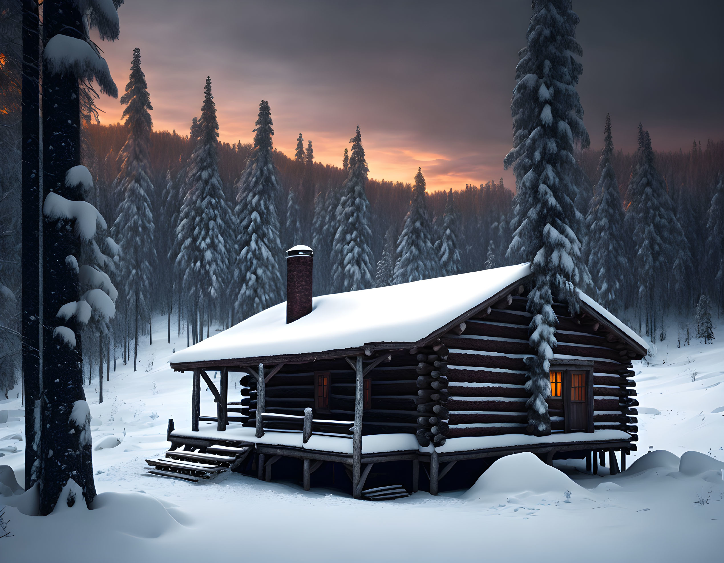 Snowy forest log cabin with glowing windows at dusk