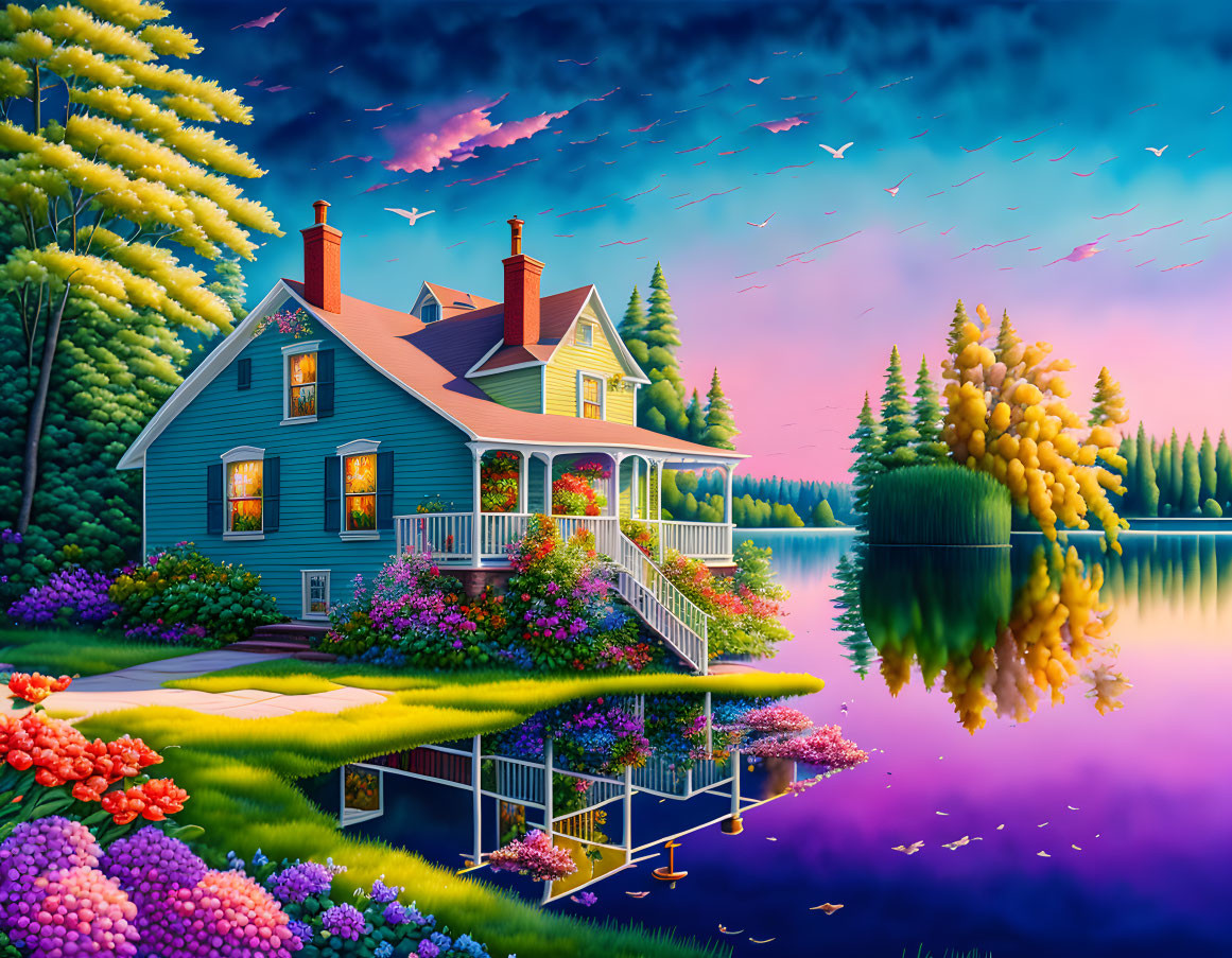 Colorful Lakeside House Illustration with Sunset Sky and Birds